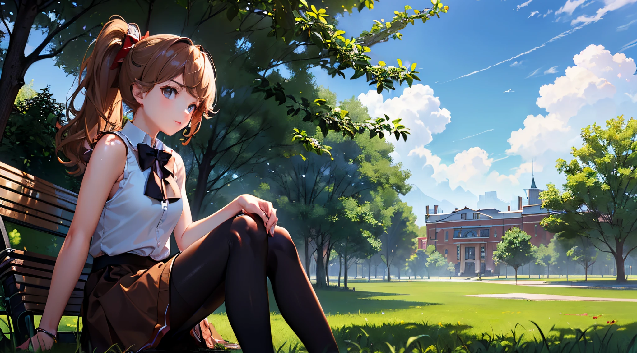 (top-quality: 1.3)、(​masterpiece: 1.3)、(The ultra-detailliert: 1.3)、(one girl)、(White sleeveless collared shirt:1.3)、(Black Mini Flared Skirt:1.3)、(Brown pantyhose:1.3)、cute bow on ponytail, (Red bow tie:1.3)、(Brown hair)、Medium Hair、(poneyTail)、ponytail、a park、ssmile、sit with legs spread on the grass