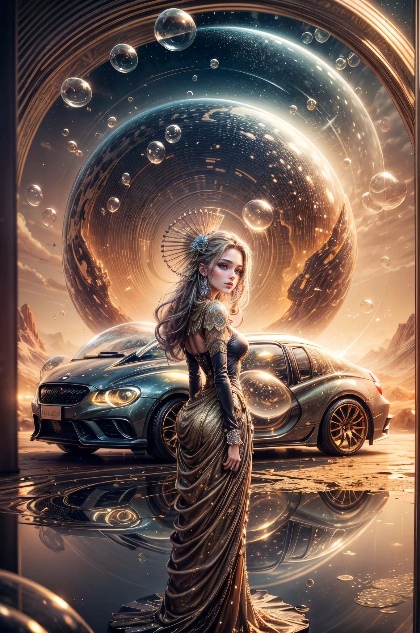 "((Girl)) in a surreal landscape, surrounded by shimmering ((bubbles)), a futuristic ((car)) parked nearby, otherworldly atmosphere, fantasy setting, magical hues, enchanting scene, ((golden hour)).