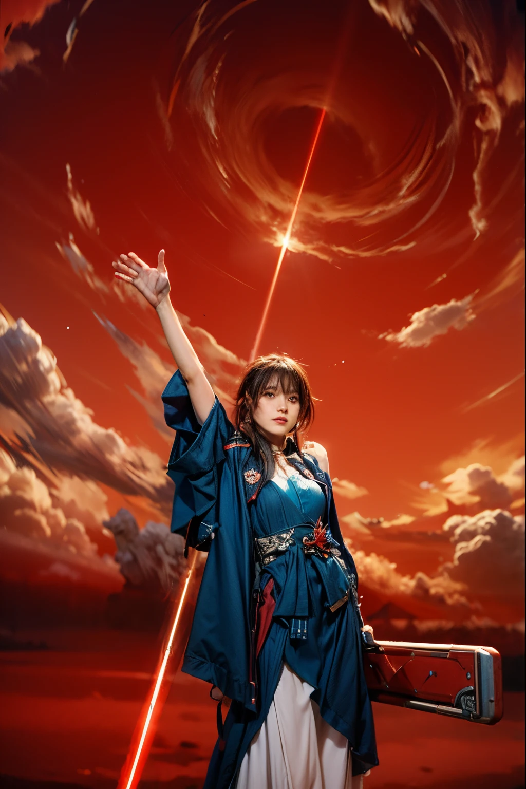 anime - style photo of a woman in a red dress holding a sword, ayaka genshin impact, ayaka game genshin impact, keqing from genshin impact, anime cosplay, macross delta, zhongli from genshin impact, ayaka cosplay, kasumi arimura style 3/4, sakura kinomoto, anime girl cosplay, cosplay, The sky was red:1.9, red laser beams shot down from the sky, fantasy:1.3, ((red sky:1.5))