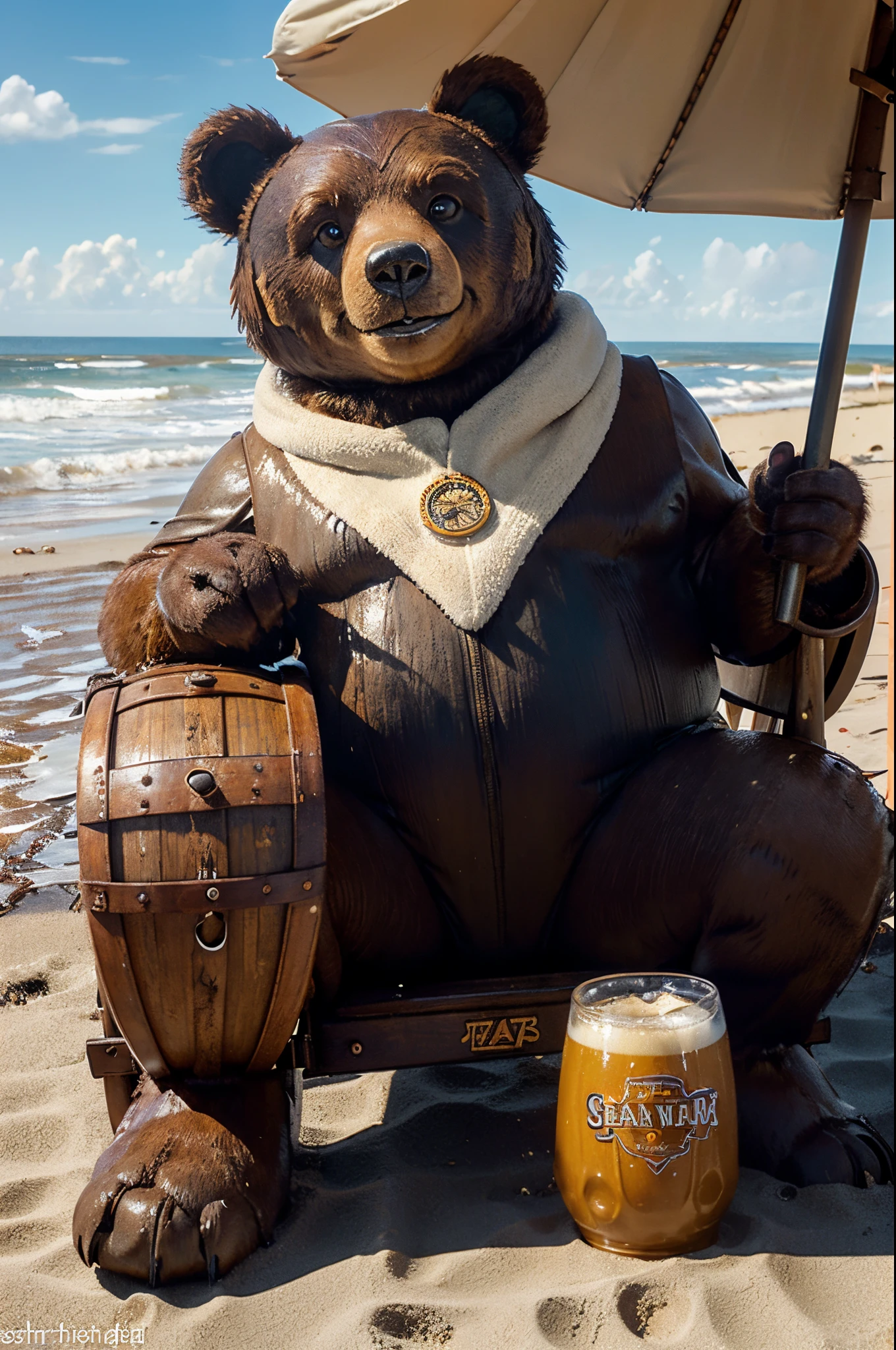 realistic Pixar style, Steam punk bear sitting on a small folding chair on the beach, holding a foamy mug of beer, with a barrel of overflowing honey, half stuck in the sand on the side, with a curved umbrella and looks at the waves, crashing on the beach, on little bears in swimsuits, playing in the water, and the sun is shining overhead.