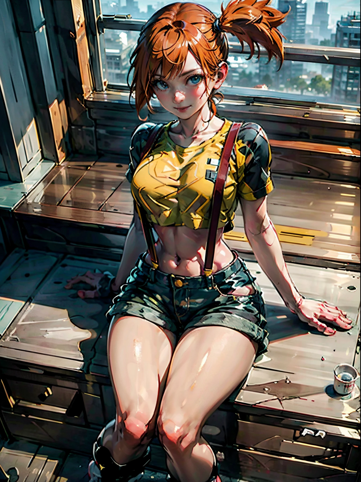 1girl, Misty_Pokemon, yellow crop top, suspenders, side ponytail, orange hair, denim shorts, sneakers, ((sitting, crossed legs, legs focus, smile, in a house)), curvy figure, overlooking city, blush, day 

BREAK 

(((Masterpiece))), ((Highly detailed character)), ((perfect eyes)), ((perfect face)), ((best quality)), ((perfect hands)), high resolution, highly detailed image, thick thighs

 BREAK

 Beautiful background, volumetric lighting,