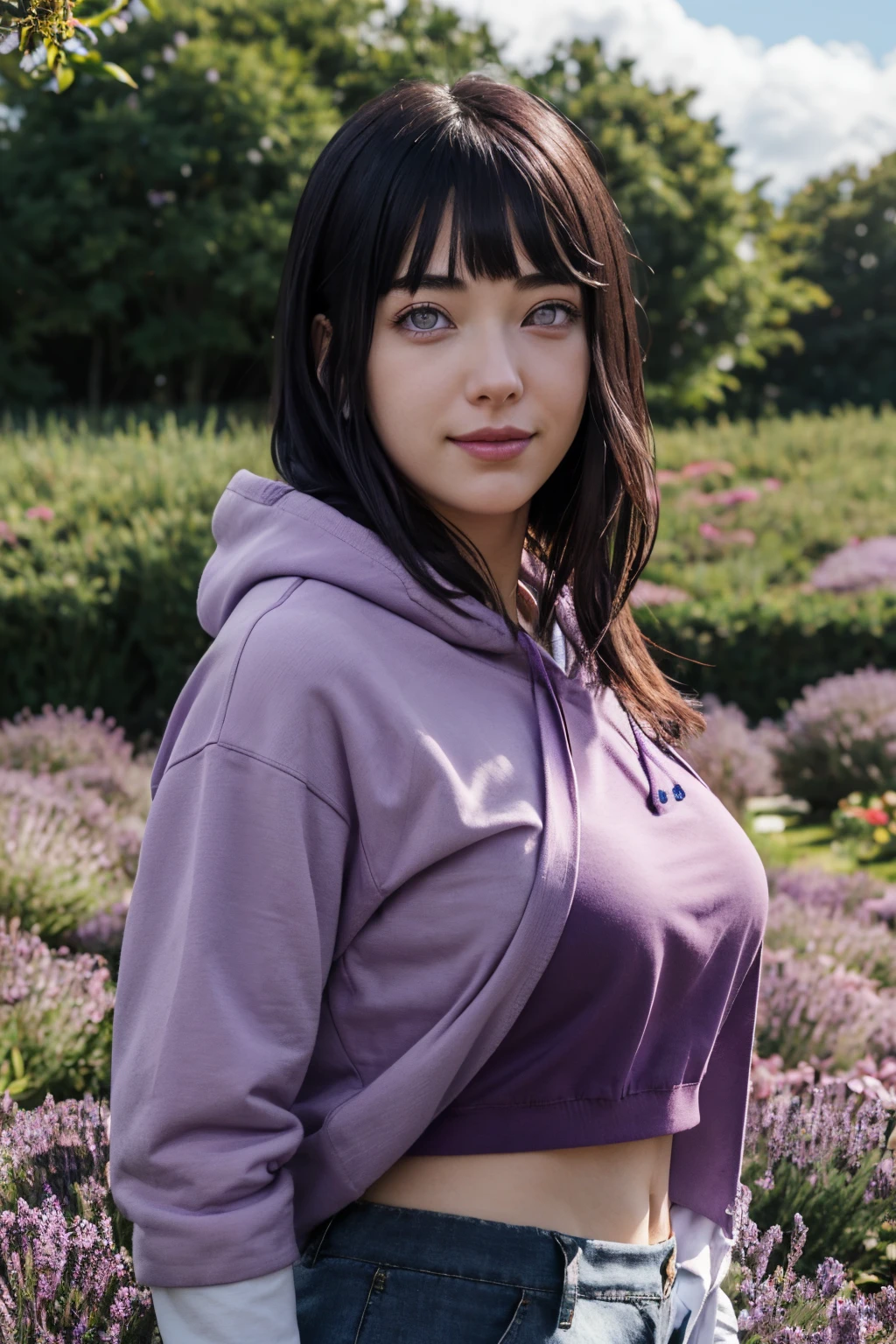 masterpiece, absurdres, hinata\(boruto\), 1girl, solo,mature female, purple hoodie,layered sleeves, brown pants,  outdoors,lavender flower field, looking at viewer, (falling petals), cloudy sky, perfect composition, detailed lips, big breast, beautiful face, body propotion, blush, (pink lips), long hair,  purple eyes,  soft gaze, sad smile,  super realistic, detailed, photoshoot, realistic face and body,  realistic hair, realistic eyes, realistic nose, realistic lips