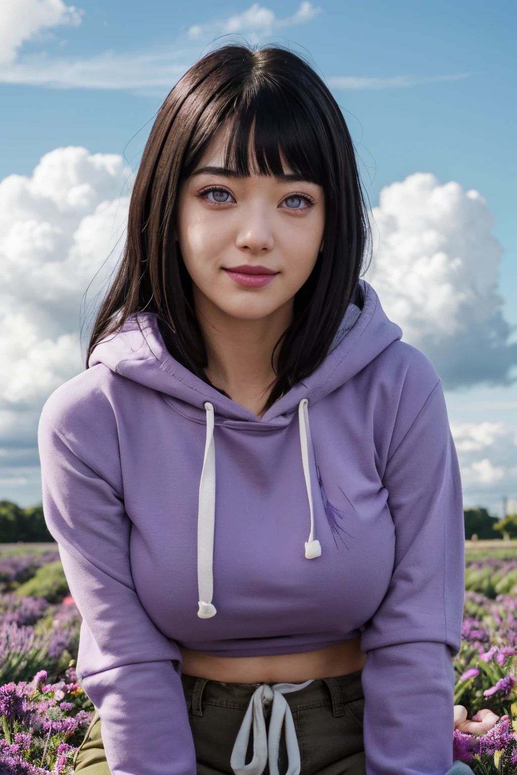 masterpiece, absurdres, hinata\(boruto\), 1girl, solo,mature female, purple hoodie,layered sleeves, brown pants,  outdoors,lavender flower field, looking at viewer, (falling petals), cloudy sky, perfect composition, detailed lips, big breast, beautiful face, body propotion, blush, (pink lips), long hair,  purple eyes,  soft gaze, sad smile,  super realistic, detailed, photoshoot, realistic face and body,  realistic hair, realistic eyes, realistic nose, realistic lips