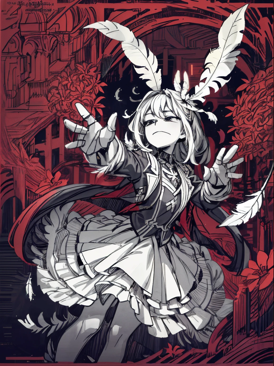 (masterpiece, top quality, best quality, official art, beautiful and aesthetic:1.2), (1girl:1.3), extremely detailed,(fractal art:1.1),(colorful:1.1)(flowers:1.3),highest detailed,(zentangle:1.2), (dynamic pose), (abstract background:1.3), (shiny skin), (many colors:1.4), (feathers:1.5),