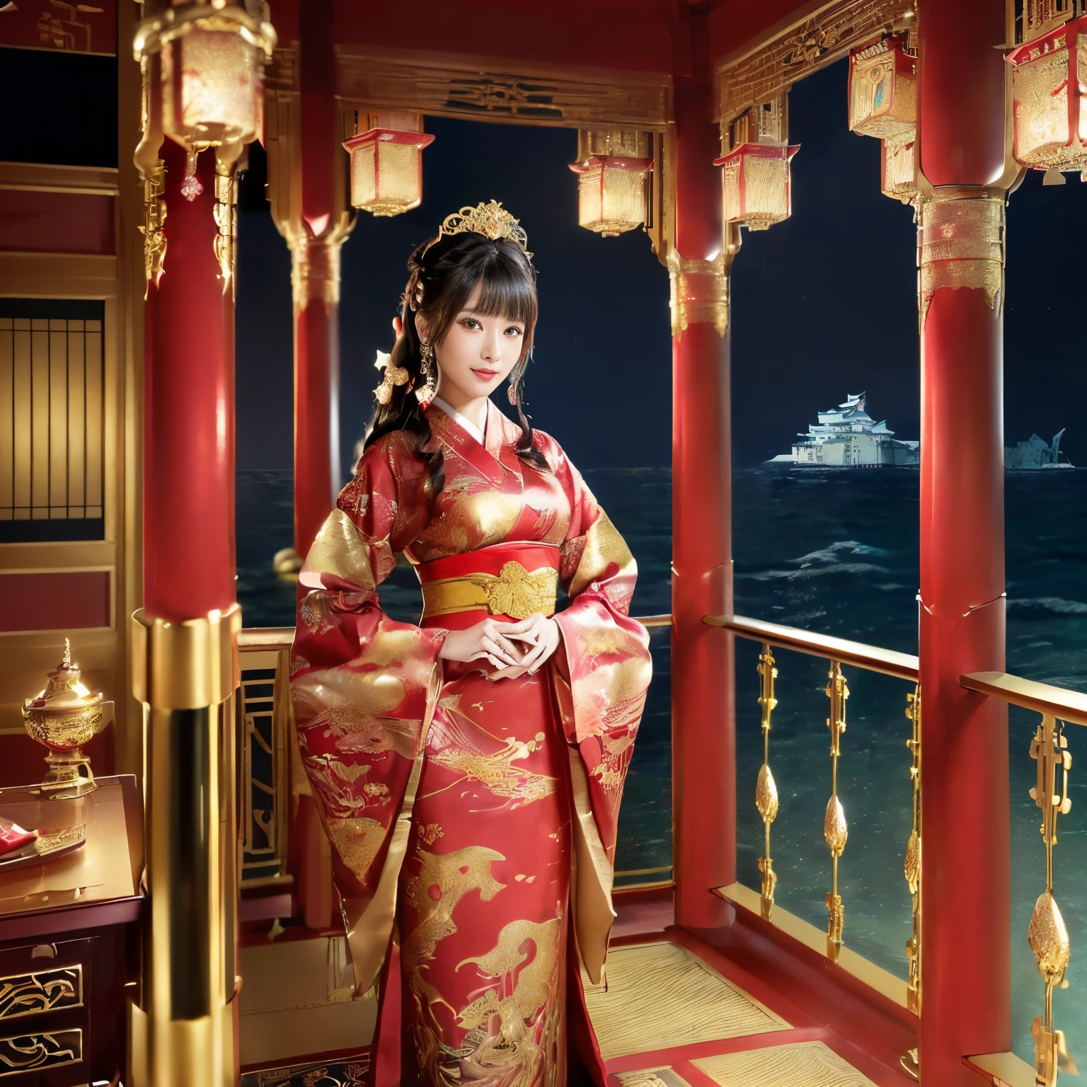 ((top-quality、masutepiece、8K、Top image quality、Highly complex and detailed depictions))、((Princess、i'I'm in a castle under the sea、The detailed and complex interior of the ocean、sea princess、slender and large breasts、photo of her from the waist up、Shining courtesan furisode、giant red and gold kimono、huge long kimono、Furisode with very elaborate decoration、The finest courtesan furisode、A big smile staring at the camera、look at me with the happiest smile、Shot close to the face))、((Castle under the sea、She'On the balcony of the underwater castle、underwater castle balcony、Japanese castle balcony、underwater castle at night、Undersea Japanese Castle Balcony、Niwa lacquered red and gold balcony、Luxury Japanese style balcony、Gorgeous chair、gorgeous desk、intricate Japanese room decoration、the most luxurious decoration、Very intricate and detailed Japanese castle、An incredibly luxurious and glittering castle、Intricately decorated transom、Japanese-style castle、Detailed and luxurious Japanese-style castle balcony、Balcony of a floating castle in Japan、Beautiful Niwa lacquered red pillar、Niwa lacquered Japanese castle balcony、Intricate and perfect decoration of the castle、Gold decoration of Niwa-nuri Castle、Gold decoration of Niwa-nuri Castle、Luxurious Japanese castle in red and gold、Castle lit up、A shining castle in the sea、Gaze out at the night sea from the luxurious Japanese-style balcony、Luxurious royal balcony by the sea、the most detailed and complex ocean、Many tropical fish swim、Intricate coral reefs and lots of sea anemones、Describe sea creatures in detail、Perfect reproduction of the beautiful sea))、((Colossal, Intricate and sparkling necklace、The finest giant tiara))、(Detailed ocean depiction、The most realistic and complex backgrounds、Complex and detailed background))