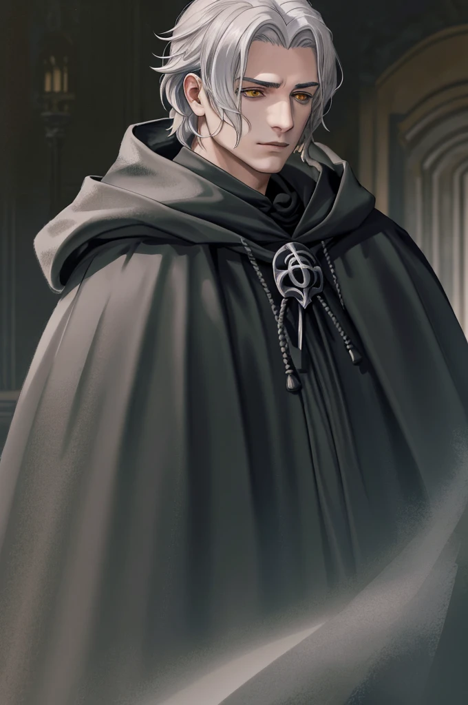 Emmet Cerci, 1boys, a black cloak, Black robe, Capulet, Keep your mouth shut, From the side Side, with gray hair, hooding, hood down, hooded cloaks, looking at viewert, malefocus, masks, mask around neck, mask removed, Medium hair, robe, Serious, short detailed hair, The upper part of the body, White hair, yellow-eyed