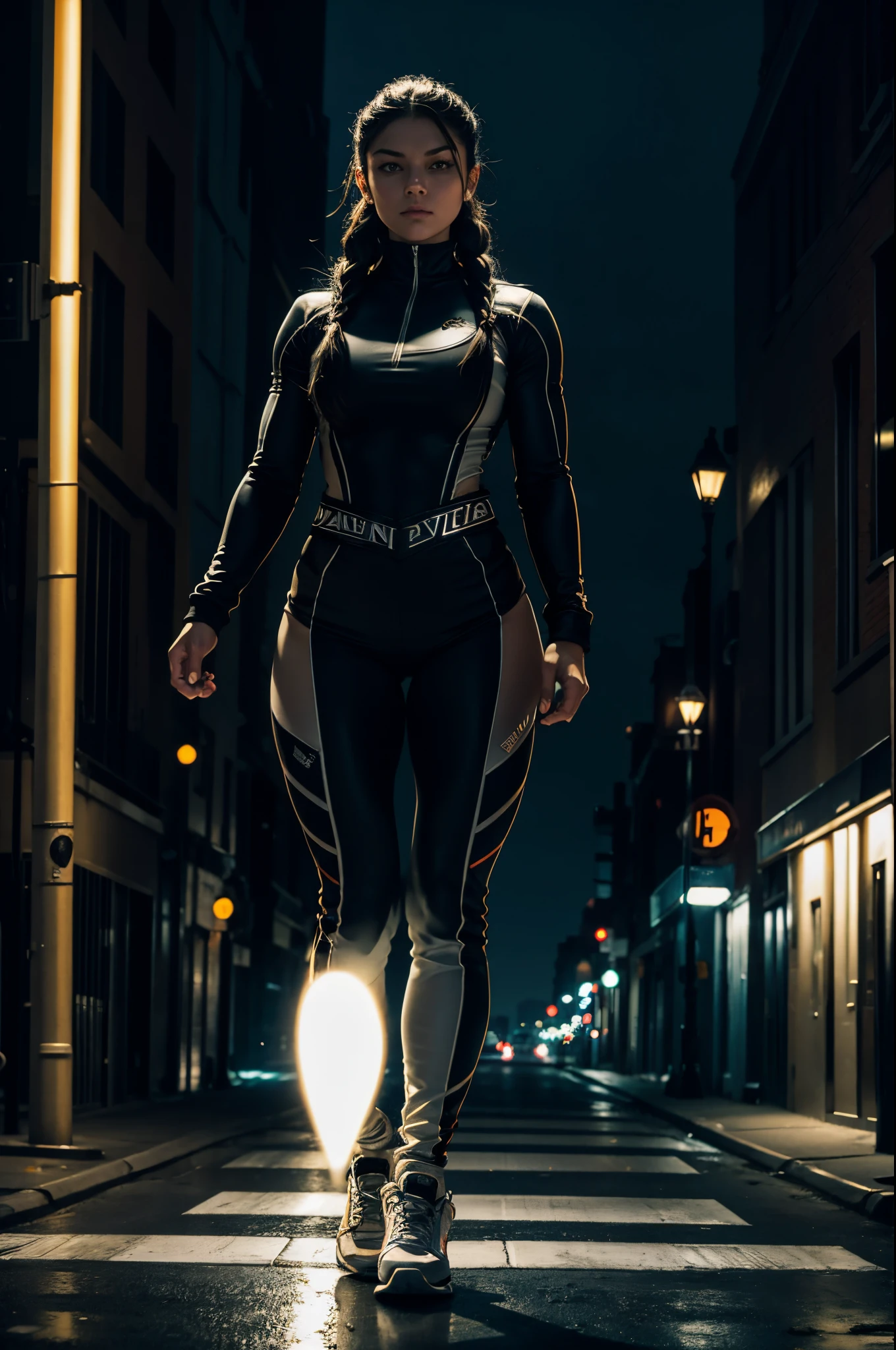 ALEXA DAVALOS AS A FIT SUPERHEROINE, BLACK AND WHITE TIGHT JUMPSUIT, WHITE STRIPES, LONG SLEEVES, WHITE TENIS, MUSCLES, STRONG TIGHS, BRAIDED BLACK HAIR, REALISTIC PHOTOGRAPHY, MASTER PIECE, EMPTY STREET, YELLOW LIGHTS, NIGHTLIGHTS, EMPTY STREET ABANDONED LONG STREET.