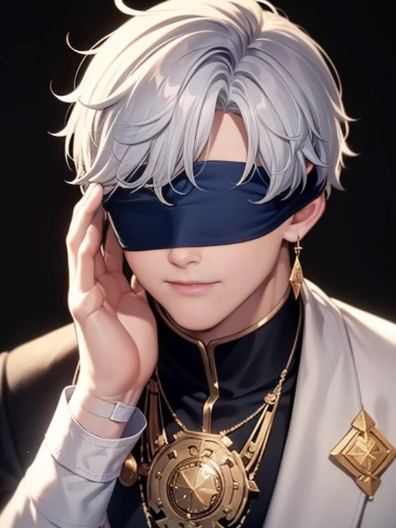 Handsome antique boy head, dashing, cloth blindfolded, white bandage on hands, wearing earring necklace, blue tone, cold, silver hair, face closeup, dark background, portrait