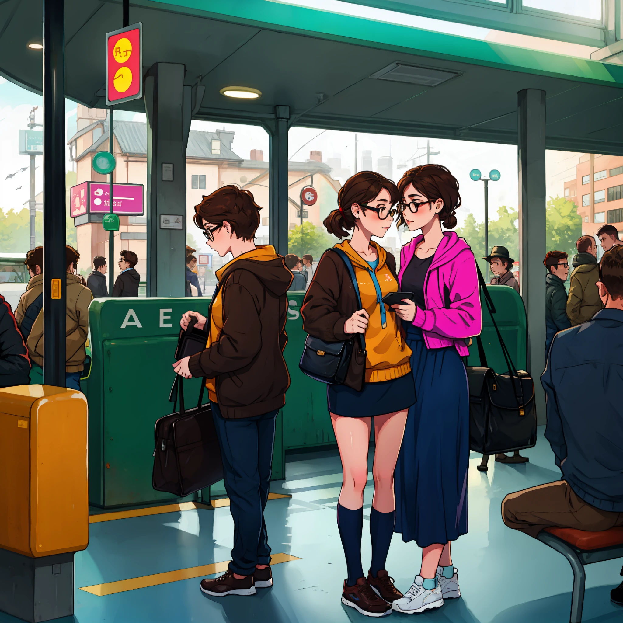 Young girl with glasses and brown hair at the bus station