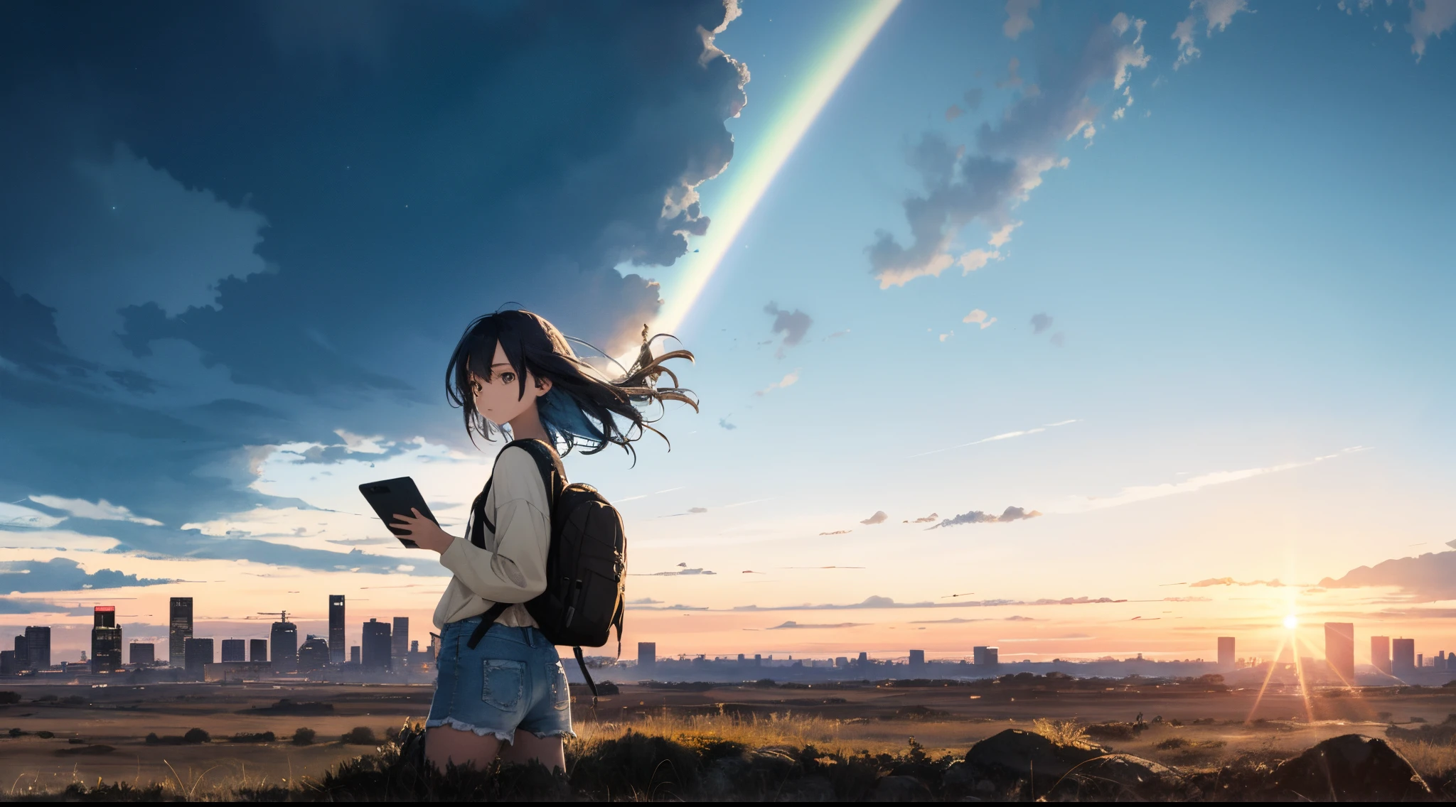 (beautiful and magnificent skyline、Majestic sky)、(extremely tense and dramatic pictures、the moving visual effects)、(high hanging Polaris、the colorful natural light)、(1girl in)、(Carrying a backpack)、(dynamicposes:1.3、Black eyes、Black princess cut hair、Shining girl)[:0.8]、(Large grasslands)、(Approaching breeze)、(Adjustment effect of brown hair and background:1.2)、(Close Shot、Long shot mix and match)[::0.9], (Naked:1.4)