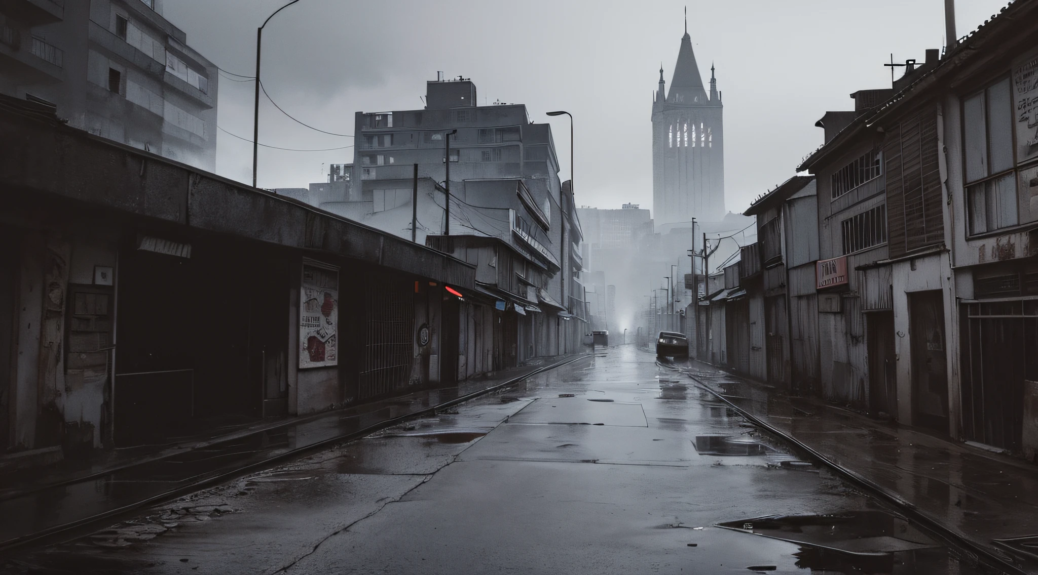 masterpiece, horror art, dark cityscape, gloomy blood stained slum, grey sky, black sky, hopeless art