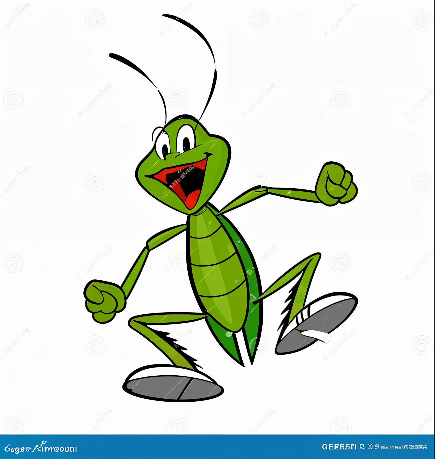 Imagem de Gafanhoto Verde com moedas de ouro ao fundo, Feliz, Quadrinhos, cores vibrantes, paisagem detalhada, expressive character Smiling, Comic book style
