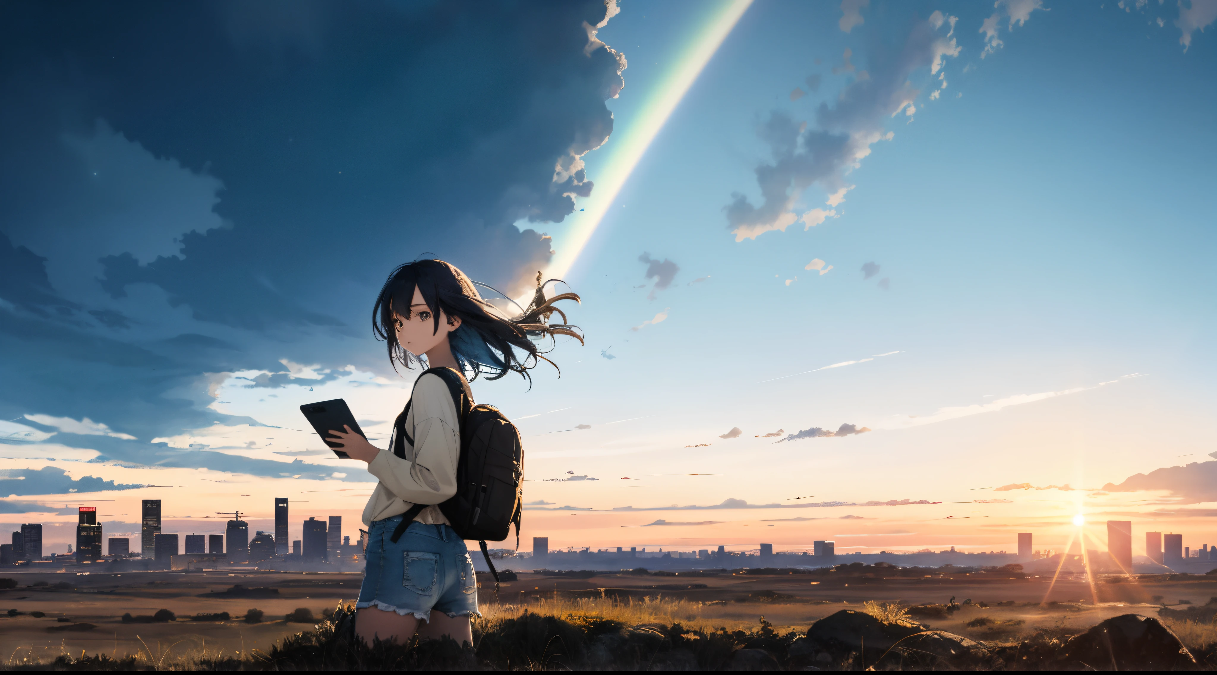 The vast sky, beautiful skyline, large grasslands, extremely tense and dramatic pictures, moving visual effects, high hanging Polaris, colorful natural glare. A girl in a long-sleeved top and denim shorts with a side backpack
