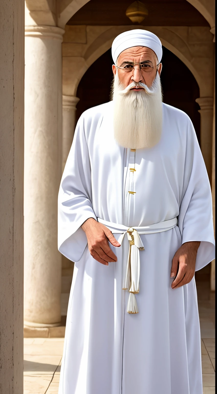arafed man with a white beard and a white robe, arab man, arab man light beard, sheikh, wise old man, an arab standing watching over, an old man, holy man looking at ground, sufism, long white beard, old man, religious robes, wearing flowing robes, an 80 year old man, gandalf the white, wearing a turban