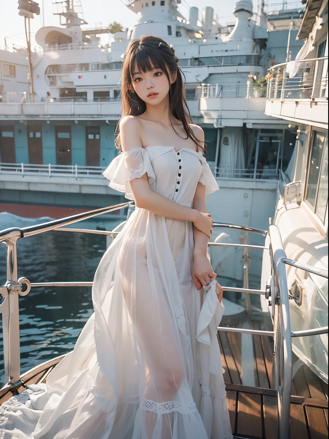 8K, Raw photo, Photorealistic, Realistic, (Detailed skin, Best Quality:1.2), (Japanese college girl standing in deck of luxury liner), ((wearing white summer dress over naked, off-shoulder, long dress)), ((straight long hair:1.4, swept bangs)), (neat face, parted lips, looking away), (((small chest:1.3))), Fairer skin