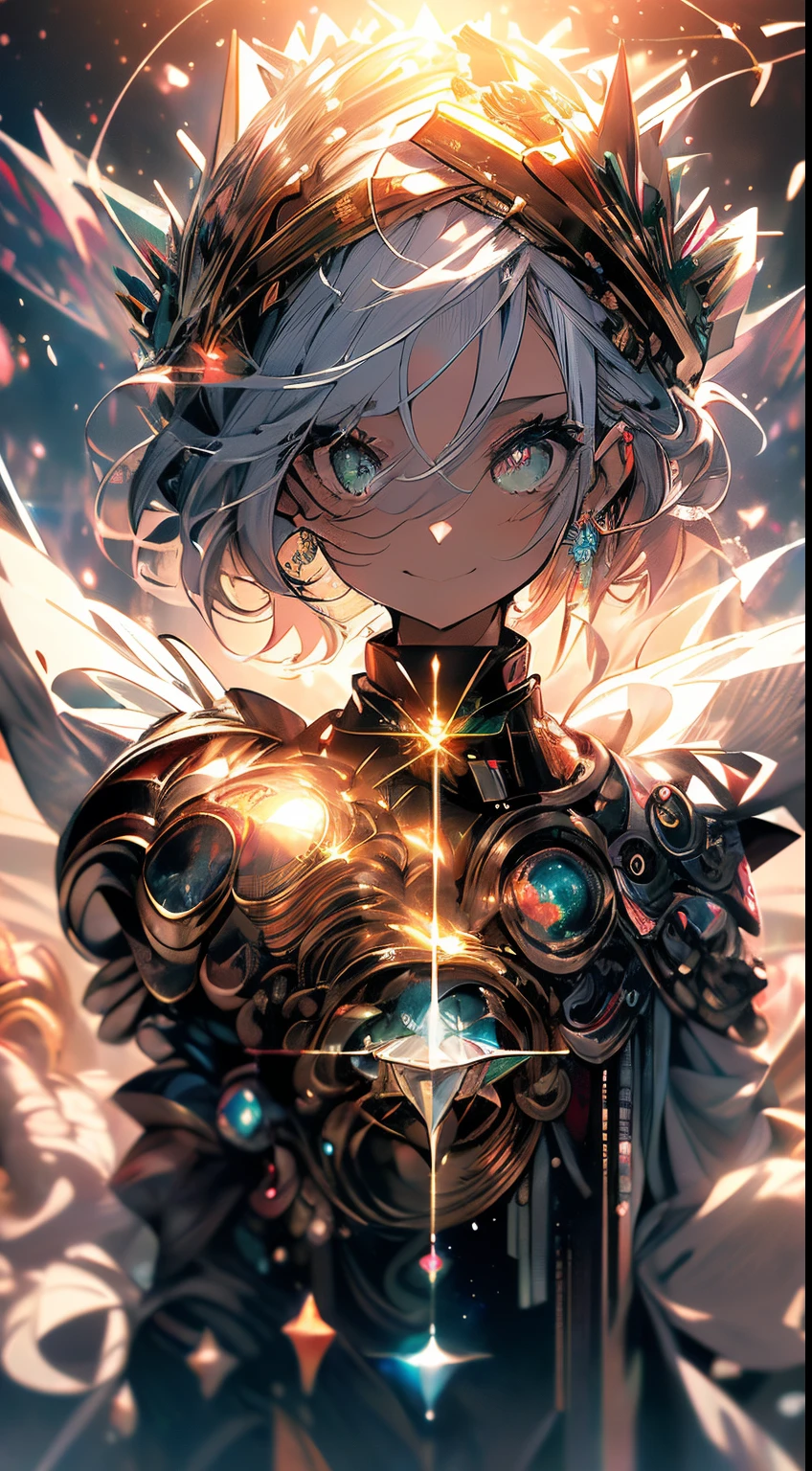 qualidade superior、Qualidade de imagem superior、obra prima、menina com((18 anos、Cosmic Metal Armor、Melhor Busto、busto 90、uma loira、Semi-Longo、olhos brilhantes、peito aberto、vale、felicidade、Accessories for Light Currents、Cosmic Accessories、Leve、punhos para cima、O melhor sorriso、Laser from both hands,de cima para baixo、Refletindo todo o corpo、olhando para o espectador)Hiqualidade、arte visual、Antecedentes com(spaces、Estrelas々、Cosmos))、masutepiece、better graphics、super delicado