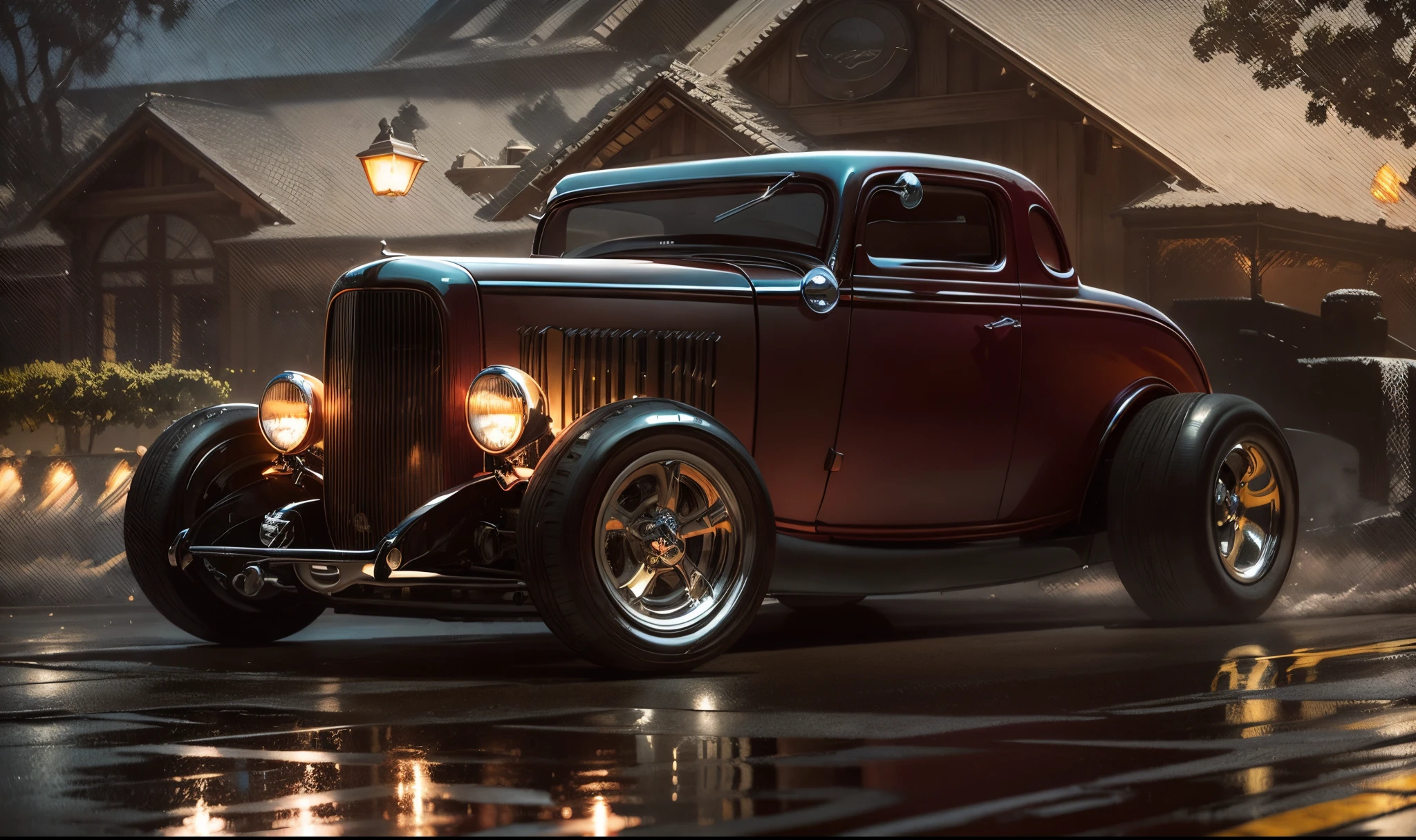 An imposing and powerful 1932 Ford Coupe with stylized wheels and headlights turned on and lit in the background of beautiful mansions in sunny California on the wet and reflective street
