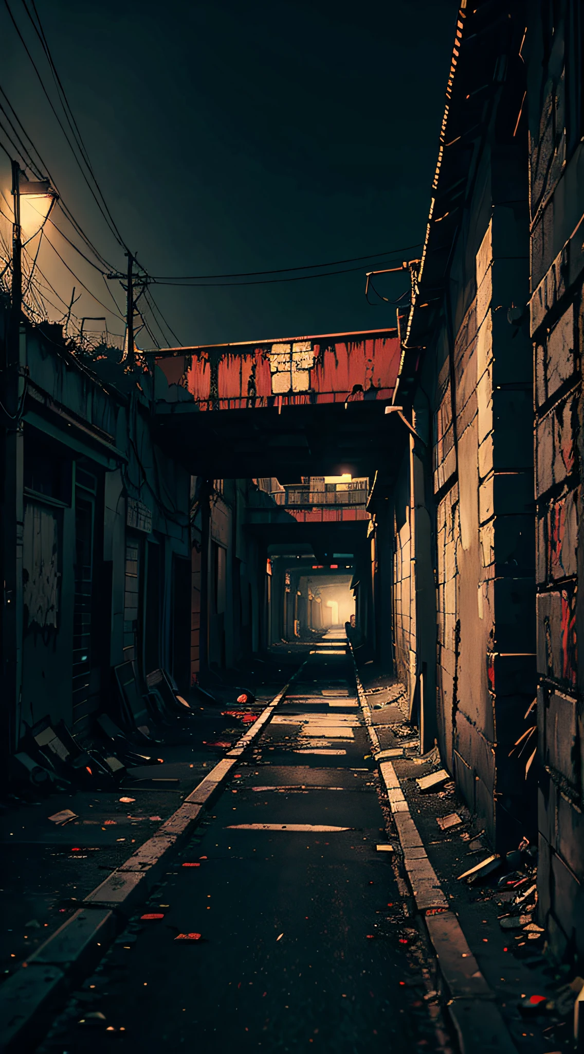 masterpiece, horror art, dark urban cityscape, gloomy blood stained slum, slums under a huge overpass, black sky, dark sky, pale lights, faint lights, hopeless art