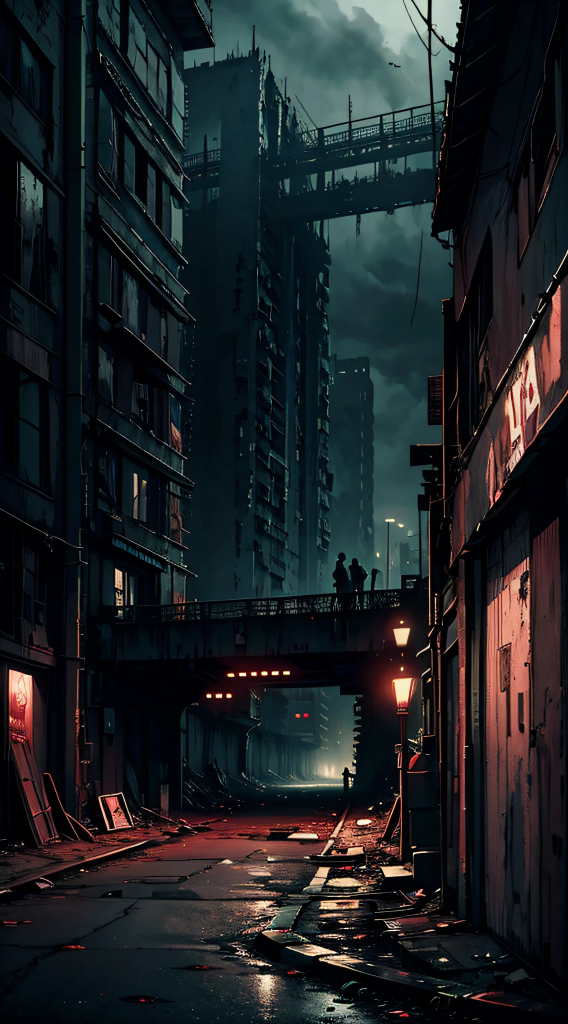 masterpiece, horror art, dark urban cityscape, gloomy blood stained slum, slums under a huge overpass, black sky, dark sky, pale lights, faint lights, hopeless art