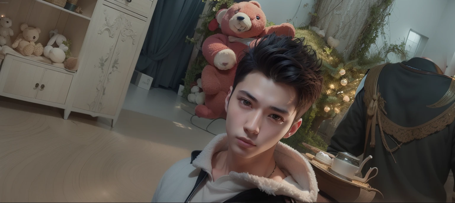 there is a young man standing in front of a bunch of teddy bears, second life avatar, with very highly detailed face, character close up, secondlife, inspired by Jean Malouel, detailed unblurred face, inspired by Jang Seung-eop, highly_detailed_face!!!, close up head shot, character close-up, in game, beautiful screenshot