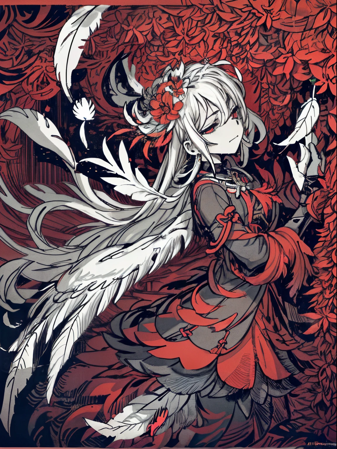 (masterpiece, top quality, best quality, official art, beautiful and aesthetic:1.2), (1girl:1.3), extremely detailed,(fractal art:1.1),(colorful:1.1)(flowers:1.3),highest detailed,(zentangle:1.2), (dynamic pose), (abstract background:1.3), (shiny skin), (many colors:1.4), ,(earrings), (feathers:1.5),