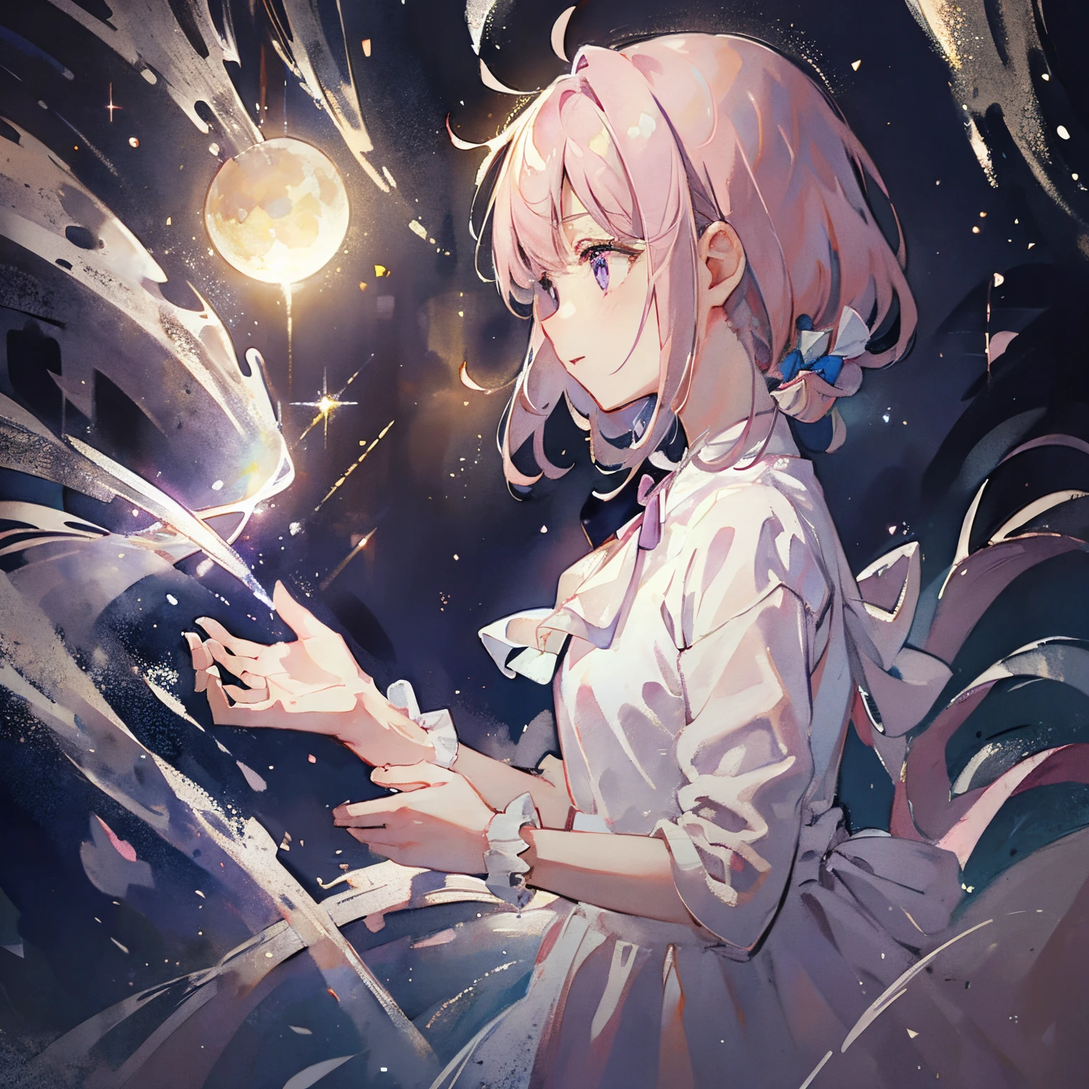 masterpiece, best quality, ultra-detailed, watercolor, focus on the face, moon, a cute girl, 1girl, solo, one-piece dress, beautiful pink hair, beautiful purple eyes, beautiful eyes, white-skinned, long hair, transparent hair, translucent hair, ribon, flowers, sparkling effect, glitter effect, luminous effect, cloudy, cloud, soap bubble effect, heart effect, profile, watercolor