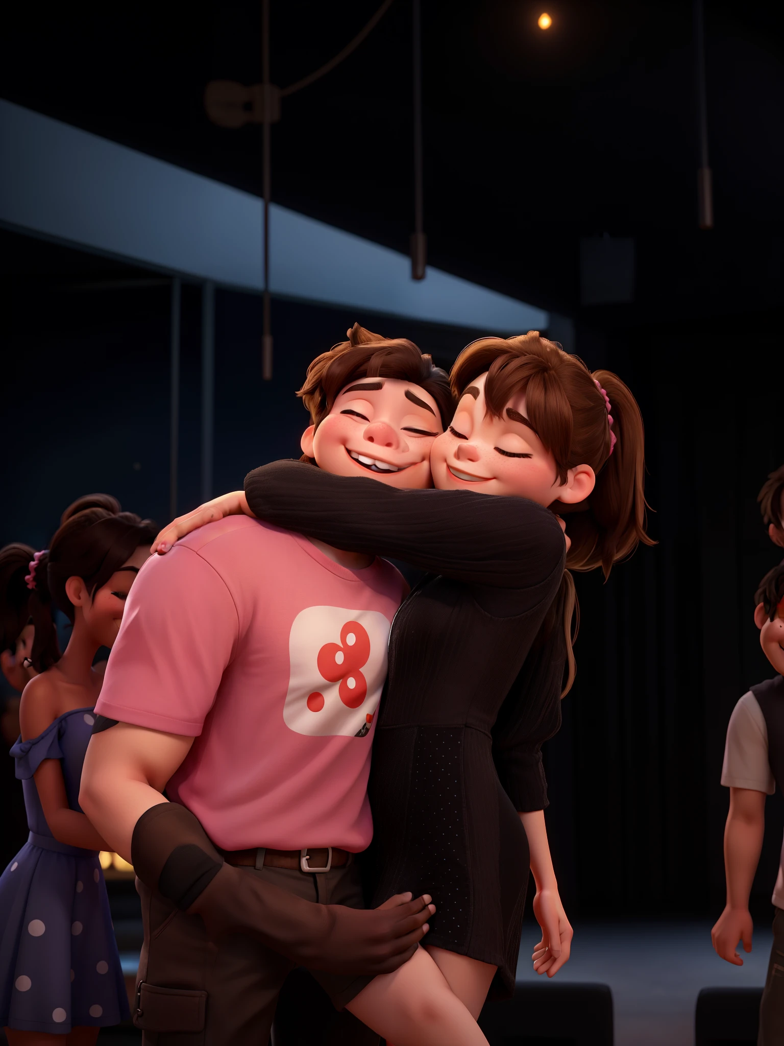 disney pixar characters with two lovers hugging each others in a club. the one on the left is a boy, with a pink t-shirt, closed eyes, brown short hair, kissing his girlfriend cheek, who is the one on the right. the girl on the right is hugging the boy on the left upper his shoulders, has long blonde hair in a ponytail, has closed eyes and a smile on her face, she’s wearing a one shoulder black dress with small silver dots