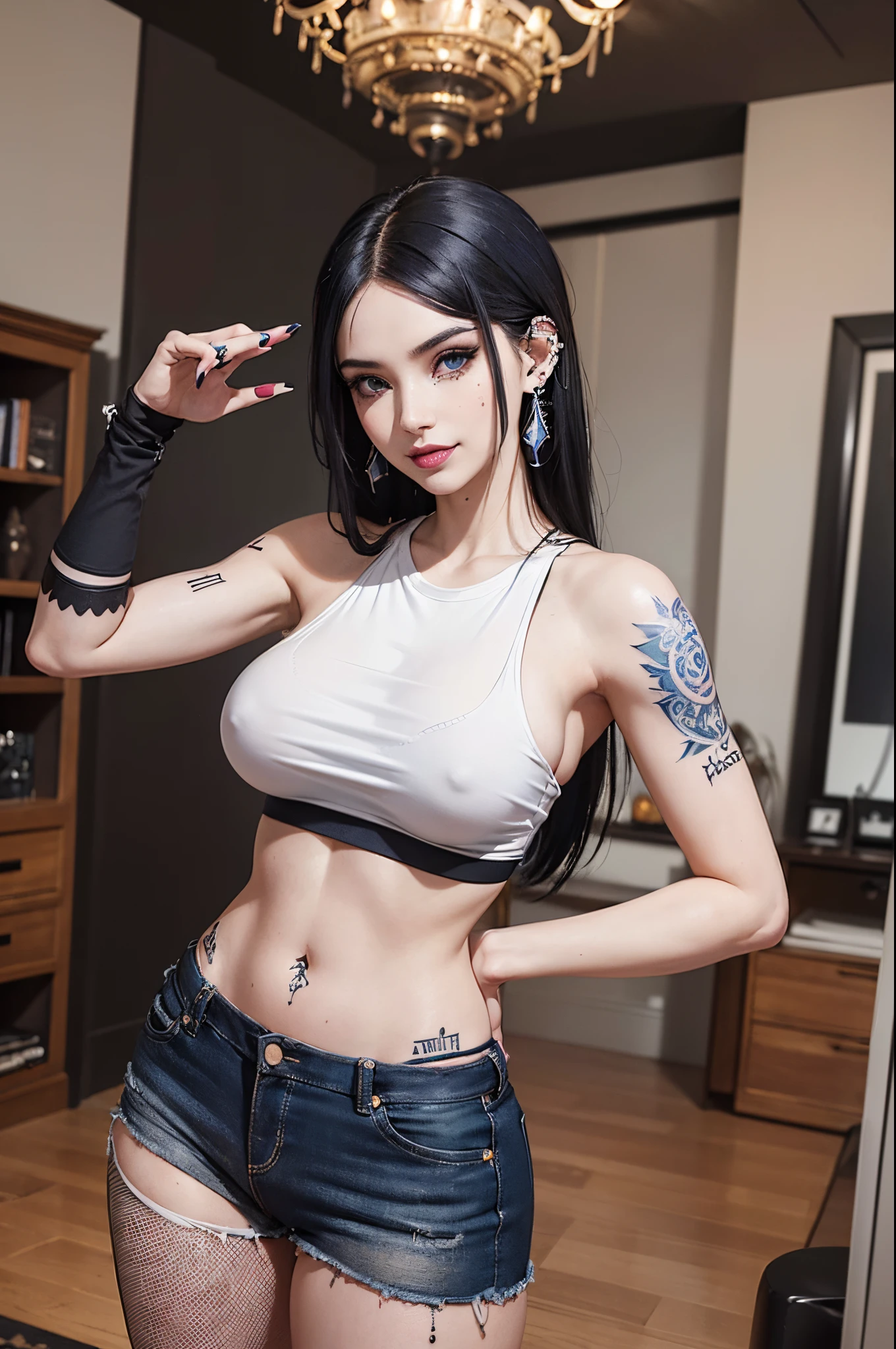(18y.o) woman with long blue emo hair, (heavy goth makeup), masterpiece, highest quality, 4k, High detail RAW color Photo, sexy woman (in living room) wearing a (white cropped t-shirt:1.2) loose shirt, (thong), (facial piercings:1.2), (proud breasts:1.1), (huge breasts, visible under boobs, side boobs, (bimbo:1.3), (bombshell:1.3),(relaxed shoulders), full body, (open stance:1.2), (bright smile), (geometric tattoos), feisty, feminine, hyperrealistic, symmetrical, highly detailed, perfect skin, hasselblad, gigapixel, fit, skin pores, arched back, high detail hair, (sharp body), detailed body.
