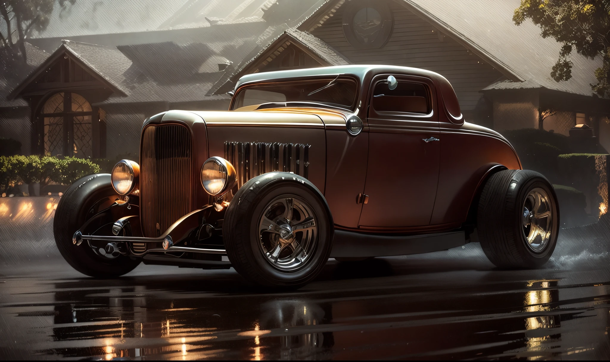 An imposing and powerful 1932 Ford Coupe with stylized wheels and headlights turned on and lit in the background of beautiful mansions in sunny California on the wet and reflective street