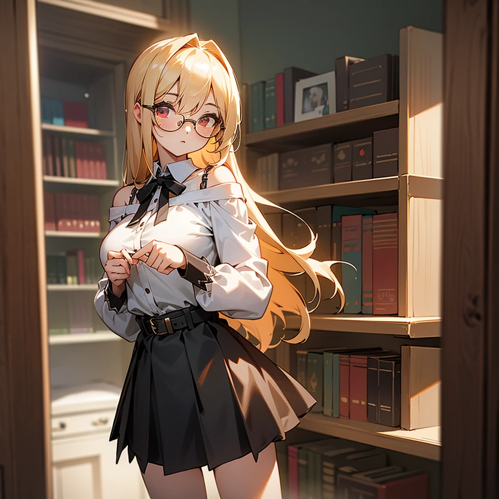 ((The best piece)),((masterpiece)), (ultra-detailliert), (illustratio), (detaileds), (extemely cute and beautiful), girl with, cute face, The upper part of the body, single, a miniskirt, (beautifully detailed eyes), Red Eyes, a blond,Off-the-shoulder clothing,frilld,Lori,loli big boobs,Clothes in black tones,Black miniskirt,garterbelts,Wearing glasses,Inside the bookstore,Surrounded by bookshelves,atlibrary,