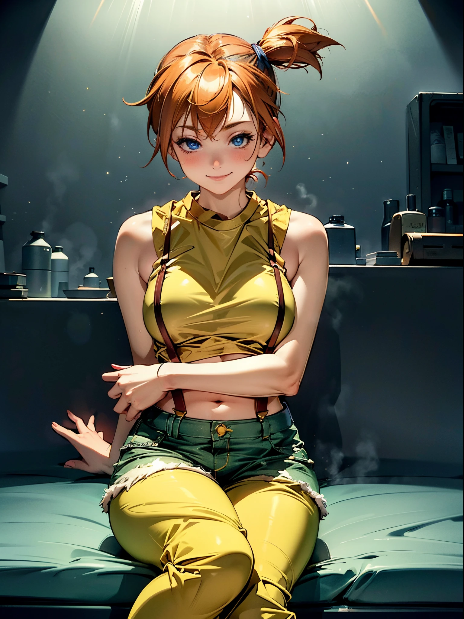 1girl, Misty_Pokemon, yellow crop top, suspenders, side ponytail, orange hair, denim shorts, sneakers, ((sitting, crossed legs, legs focus, smile, in a house)), curvy figure, overlooking city, blush, day 

BREAK 

(((Masterpiece))), ((Highly detailed character)), ((perfect eyes)), ((perfect face)), ((best quality)), ((perfect hands)), high resolution, highly detailed image, thick thighs

 BREAK

 Beautiful background, volumetric lighting,