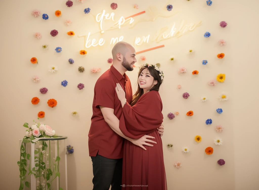 there is a man and woman standing in front of a wall with flowers, lovely couple, in front of white back drop, couple pose, happy couple, shot on sony a 7 iii, shot on canon eos r 5, shot on canon eos r5, couples portrait, couple portrait, shot on nikon z9, shot on sony a 7