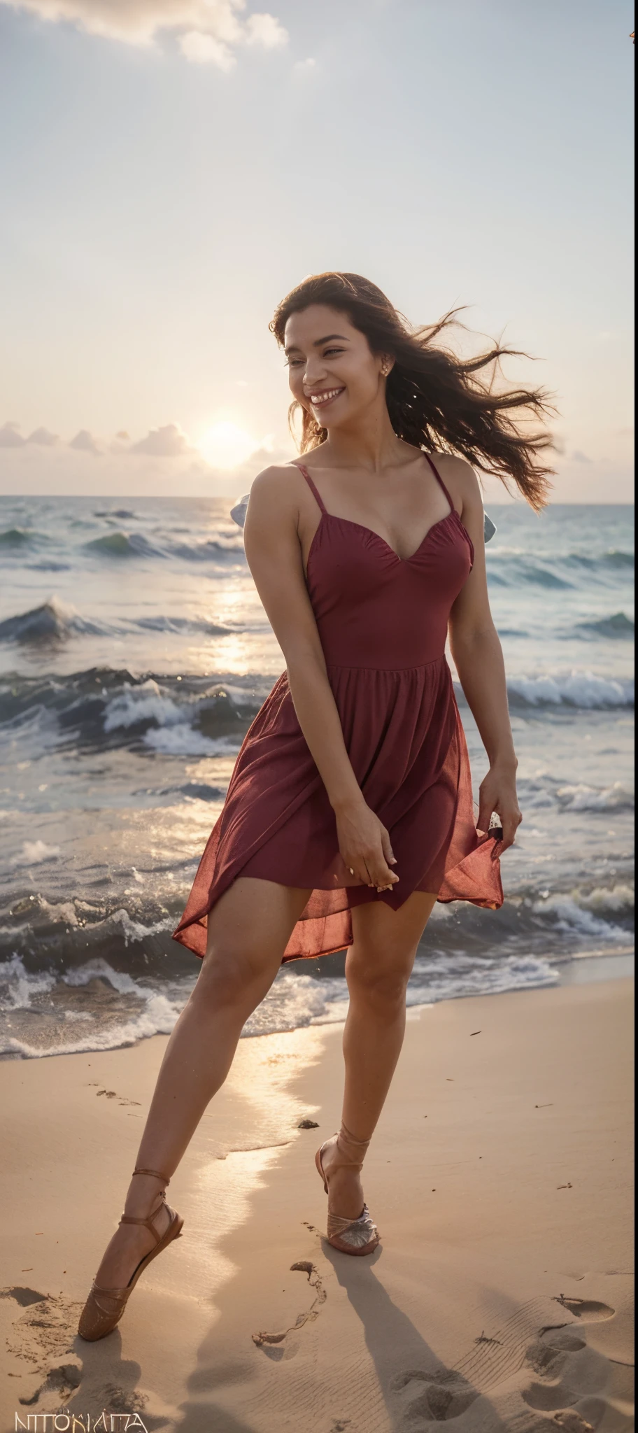 mulher sobre uma pedra, sorrindo muito, muito feliz, female dancer, ballet, fluttering dress, vestido vermelho, praia, por do sol, gaivotas. extremamente detalhada, ultra realismo, 8k, fotografia profissional.