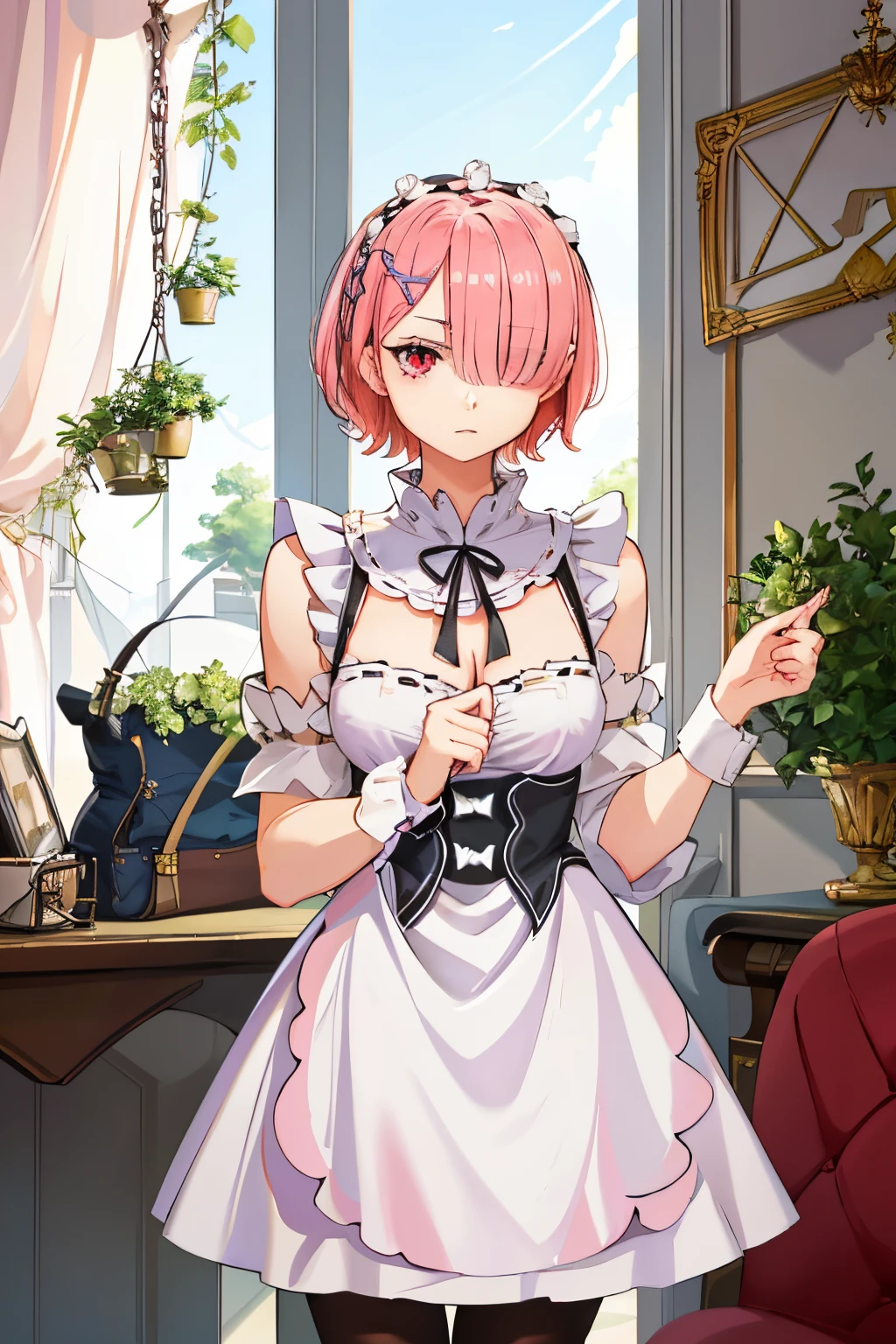 ((best quality)), ((masterpiece)), illustration, (detailed), 1girl, ram_rezero, cute, chibi, piercing gaze, pink hair:1.1, short hair, (hair over one eye:1.3), red eyes:1.2,big naked boobs with nipples, sexy, porn, roswaal mansion maid uniform, apron, (white pantyhose:1.2), looking at viewer, upper body, angry, annoyed, disgusted, glaring, mansion, (high-resolution:1.2),