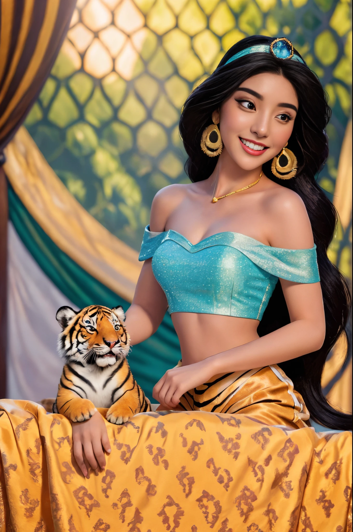 1girl,,jasmine  holding 1 cute tiger. solo, looking at viewer, smile, shirt, bare shoulders, jewelry, sitting, full body,Disney tiger pet, flower, earrings, pants, off shoulder, crop top, makeup, very adorable, cute, and lovable, Princess Jasmine, wearing princess clothes and as.-shoulder shirt (realistic:1.2), (realism), (masterpiece:1.2), (best quality), (ultra detailed), (8k, 4k, intricate),(full-body-shot:1), (85mm),light particles, lighting, (highly detailed:1.2),(detailed face:1.2), (gradients), sfw, colorful,(detailed eyes:1.2)(detailed background),detailed landscape, (dynamic angle:1.2), (dynamic pose:1.2), (rule of third_composition:1.3), (Line of action:1.2)