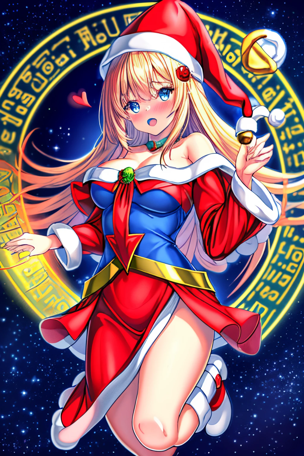 Dark magician gils christmas version. Ojos azules. Cabello rubio, labios rojos. Vestida con un traje de Santa Claus sexy. Minifalda roja. Capa blanca, blusa roja, sombrero roja de navidad. Fondos de estrellas y nieve callendo del cielo. Pose sejustiva y sensual y sexy. Levitating among a circle of magic. magic wheel. Heart in the air