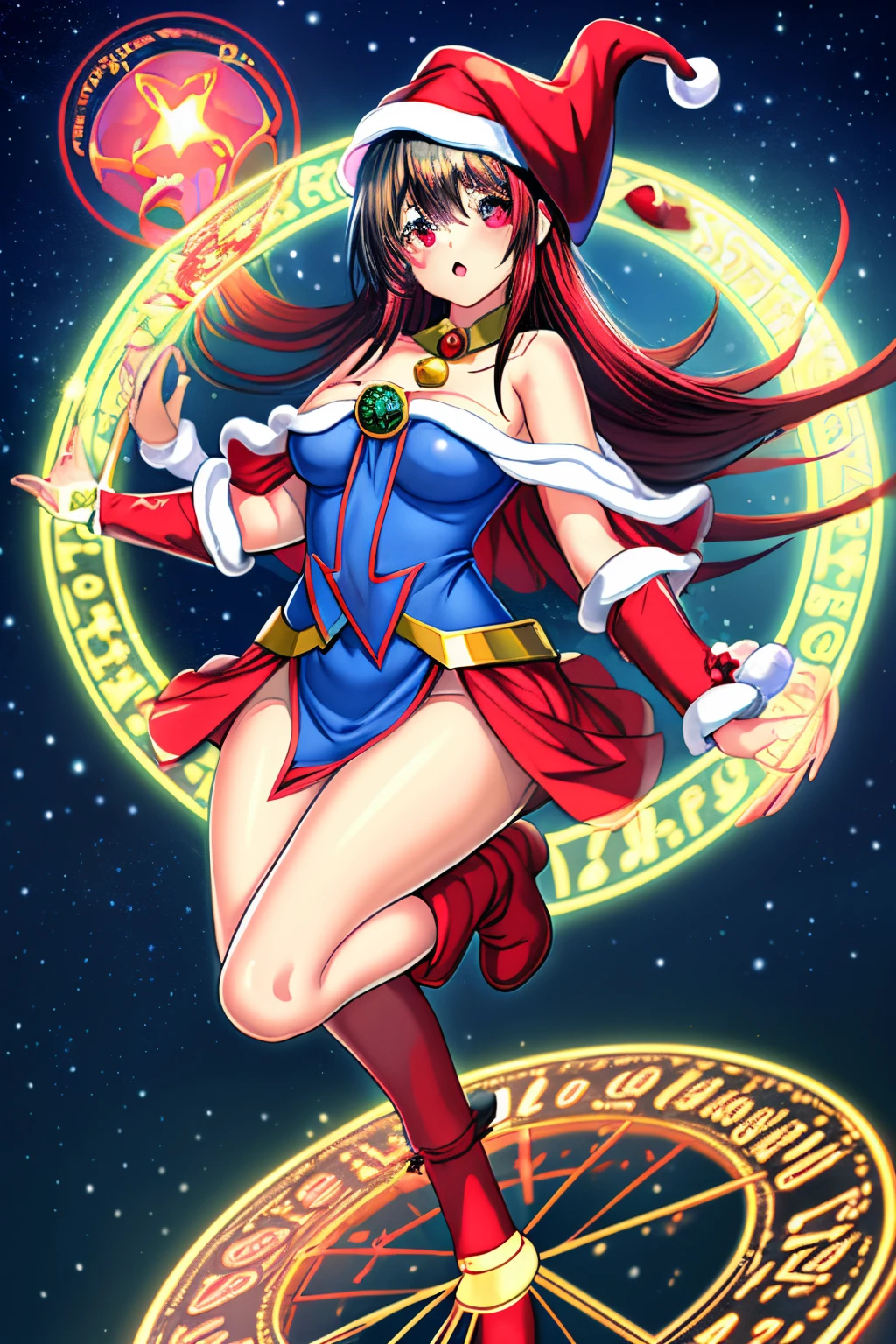 Dark magician gils christmas version. Ojos azules. Cabello rubio, labios rojos. Vestida con un traje de Santa Claus sexy. Minifalda roja. Capa blanca, blusa roja, sombrero roja de navidad. Fondos de estrellas y nieve callendo del cielo. Pose sejustiva y sensual y sexy. Levitating among a circle of magic. magic wheel. Heart in the air