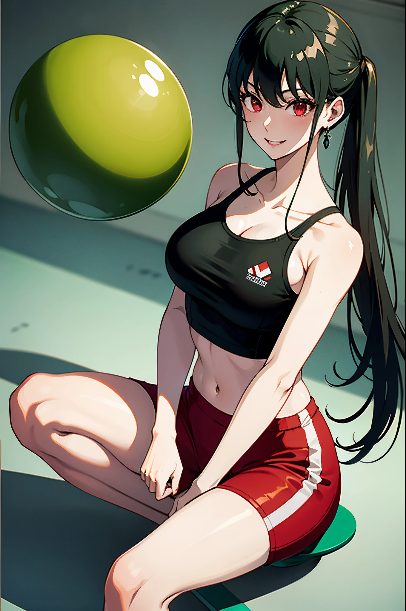 black hair, red eyes, best quality, photorealistic, yujiasuit, yoga sports bra, yoga pants, 1girl, solo, , yoga ball, pants, looking at viewer, smile, green sports bra, simple background, , midriff, long hair, breasts, green pants, sportswear, tank top, upper body,