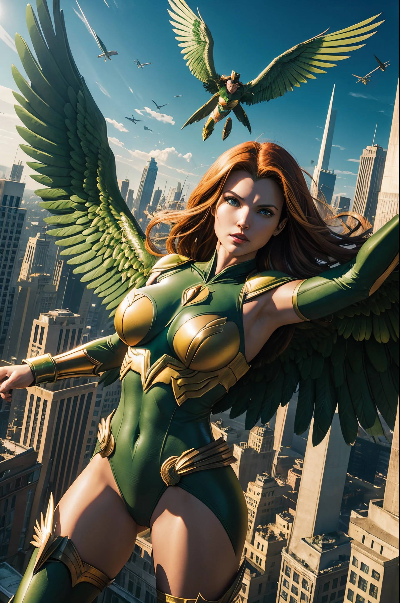 SHAYERA, HAWKGIRL (( DC COMICS )) , FLYING OVER CITY, DAYLIGHTS, SUN, BUILDINGS, GREEN YELLOW BODYSUIT, WHITE WINGS, WINGED WOMAN, MASTER PIECE OF ART, HIGH DETAILED IMAGE.