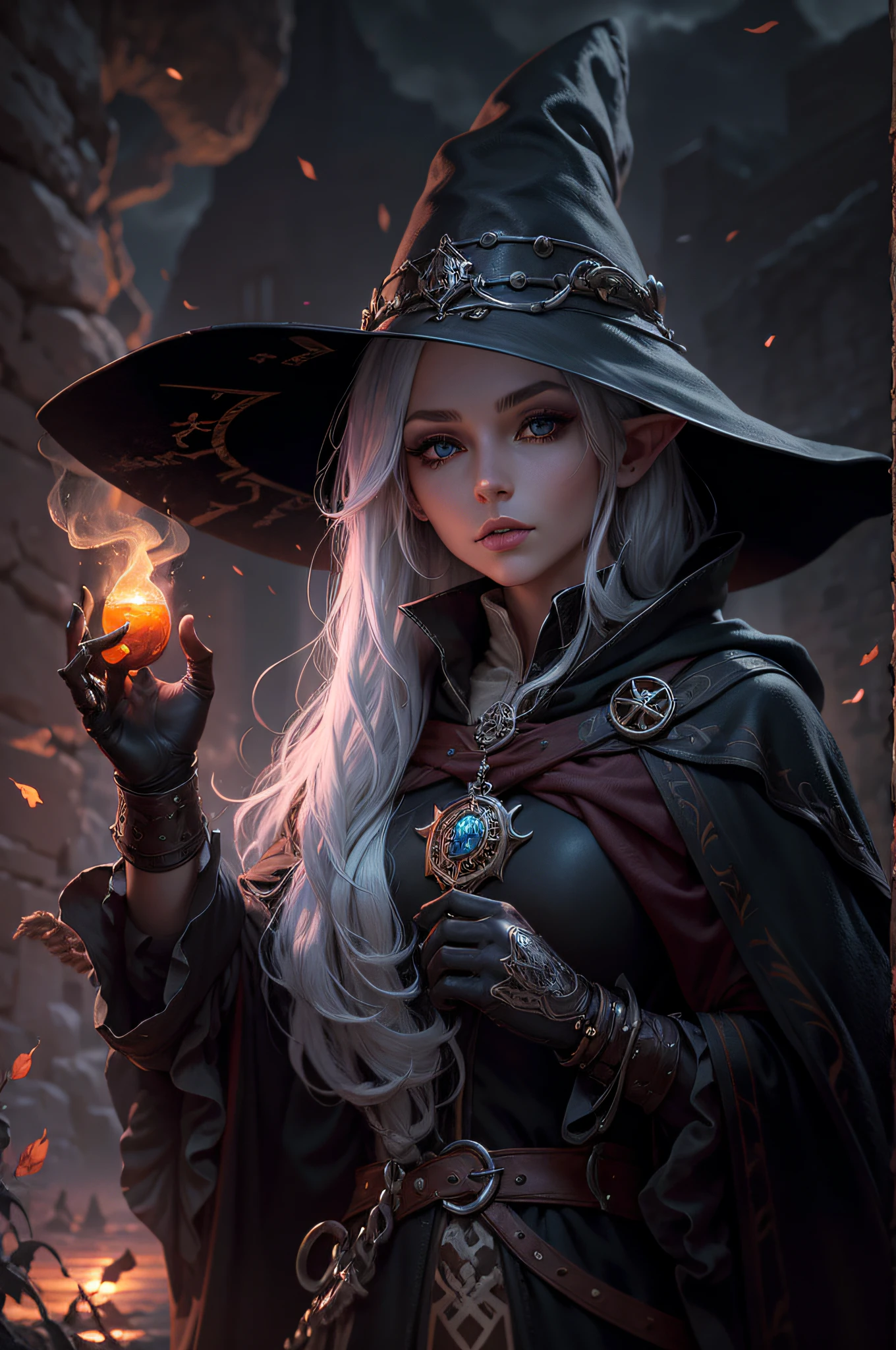 medieval setting, full view of body, 1 female elf mage,beatiful smokey eyes, silver hair, black mage robe with gambeson, wizard hat, leather boots, sunset, eerie atmosphere