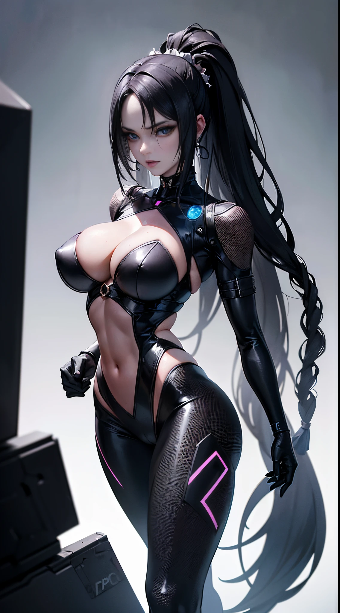 (Hyperrealistic: 1.3), athletic European goth woman, white woman, full body, (biochemanical:1.3), wet exposed skin, exposed abs, masterpiece, (dark: 1.3), darkness, low light, night, cinematic lighting, fil noir, highest quality, sexy woman, (high tech cyborg:1.2), (enormous perky detailed breasts), feminine, symmetrical, highly detailed, gigapixel, fit, (sharp body), detailed body, on focus, gorgeous face, (black eye makeup), (black lipstick), (black hair in dreadlocks), (Simon Bisley), (2000 a.d.), (ABC warriors), (Joe pineapples), ridged, grim, grim-dark, absolute cleavage, showing a delicate slim figure and graceful curves, (beautiful slim long legs:1.3), (detailed eyes, beautiful eyes:1.2),