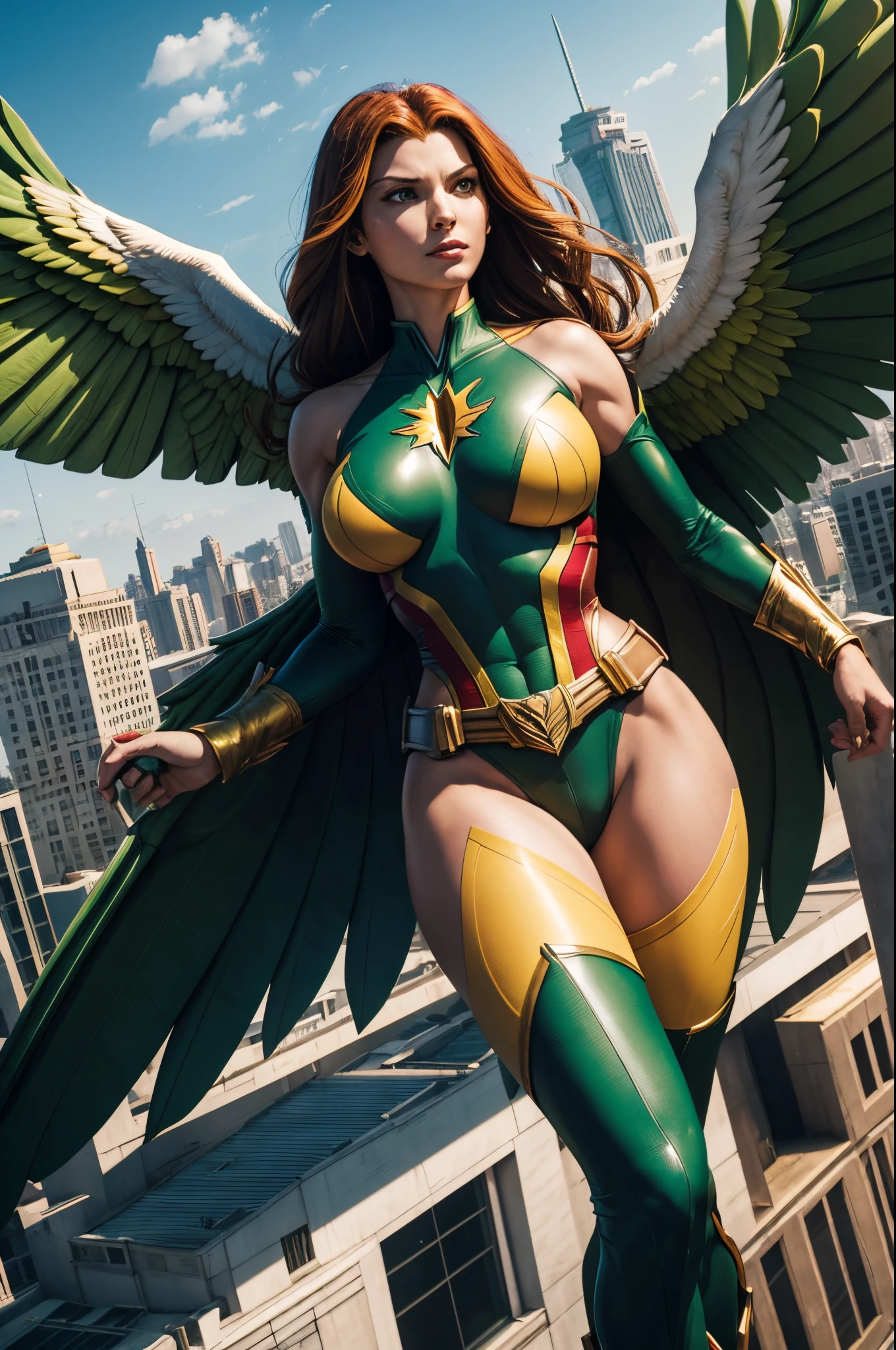 SHAYERA, HAWKGIRL (( DC COMICS )) , FLYING OVER CITY, DAYLIGHTS, SUN, BUILDINGS, GREEN YELLOW BODYSUIT, WHITE WINGS, WINGED WOMAN, MASTER PIECE OF ART, HIGH DETAILED IMAGE.
