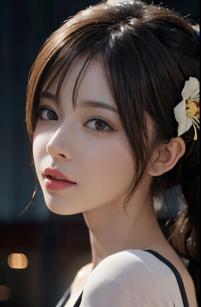 8K, masutepiece, Raw photo, Best Quality, Photorealistic, extremely detailed CG unified 8k wallpaper, depth of fields, Cinematic Light, Lens Flare, Ray tracing, 1girl in, bblurry, Blurry_Background, brown_Eyes, brown_hair, Depth_in the_field, 耳Nipple Ring, florals, full_Moon, hair_flower, hair_ornament detached, Sakurazaka46, Reina Moriya