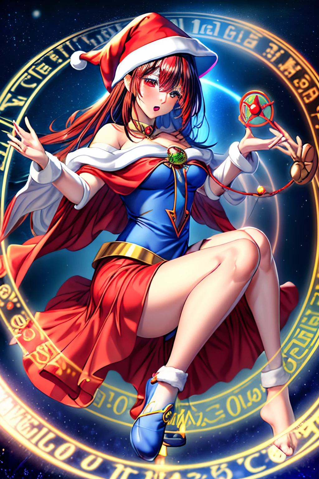 Dark magician gils christmas version. Ojos azules. Cabello rubio, labios rojos. Vestida con un traje de Santa Claus sexy. Minifalda roja. Capa blanca, blusa roja, sombrero roja de navidad. Fondos de estrellas y nieve callendo del cielo. Pose sejustiva y sensual y sexy. Levitating among a circle of magic. magic wheel. Heart in the air