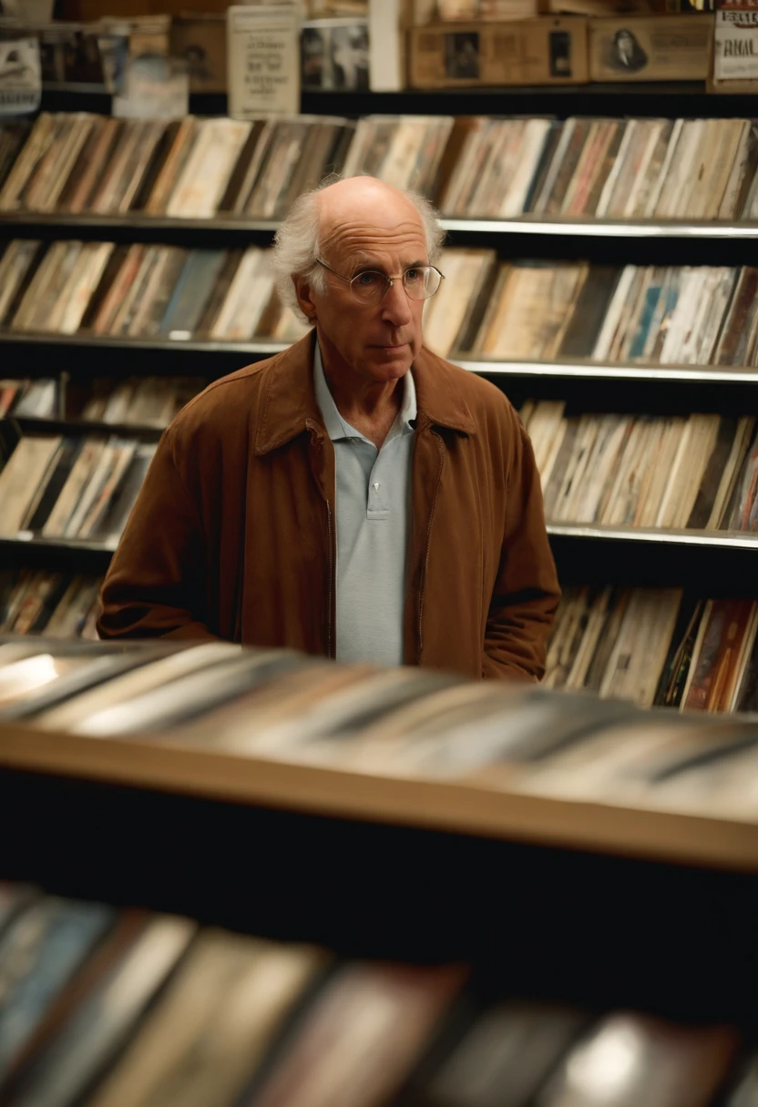 A photo of Larry browsing through a vintage record store, scowling at the selection.,Curb Your Enthusiasm,Larry David, the character from “Curb Your Enthusiasm,” mirrors his real-life counterpart with a casual, often disheveled appearance, typically seen in khaki pants, a loose-fitting shirt, and sneakers. He is balding, with a rim of curly hair, and he carries a bemused expression that often shifts into one of exasperation or incredulity