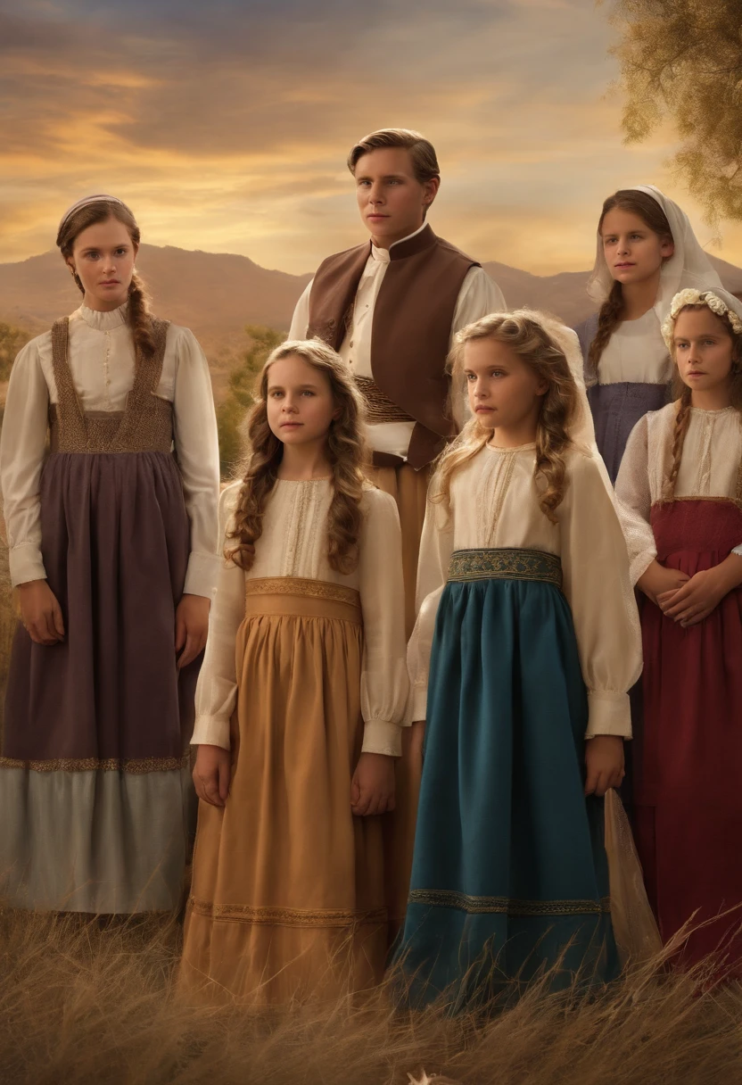 A group of young girls being taught by the king's wives,original,Elijah King, a fictional character reminiscent of Warren Jeffs, stands as a commanding figure in his community, often seen in traditional, modest attire that signals his self-proclaimed spiritual leadership. His stern, unsmiling face and piercing gaze convey a sense of authority and an unyielding belief in his own doctrines.