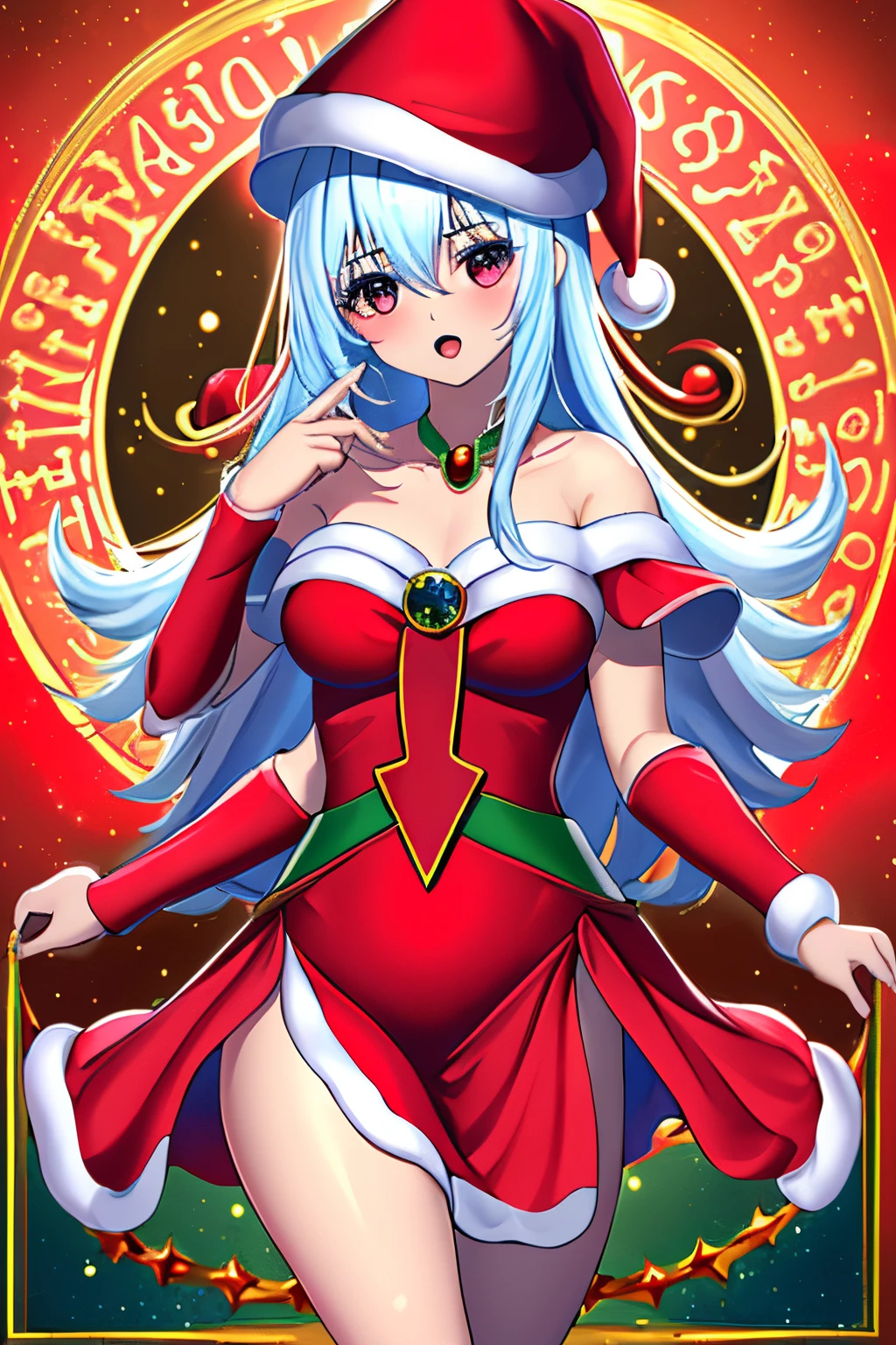 Dark magician gils christmas version. Ojos azules. Cabello rubio, labios rojos. Vestida con un traje de Santa Claus sexy. Minifalda roja. Capa blanca, blusa roja, sombrero roja de navidad, en el trineo de Santa Claus. Fondos de estrellas y nieve callendo del cielo. Pose sejustiva y sensual y sexy.