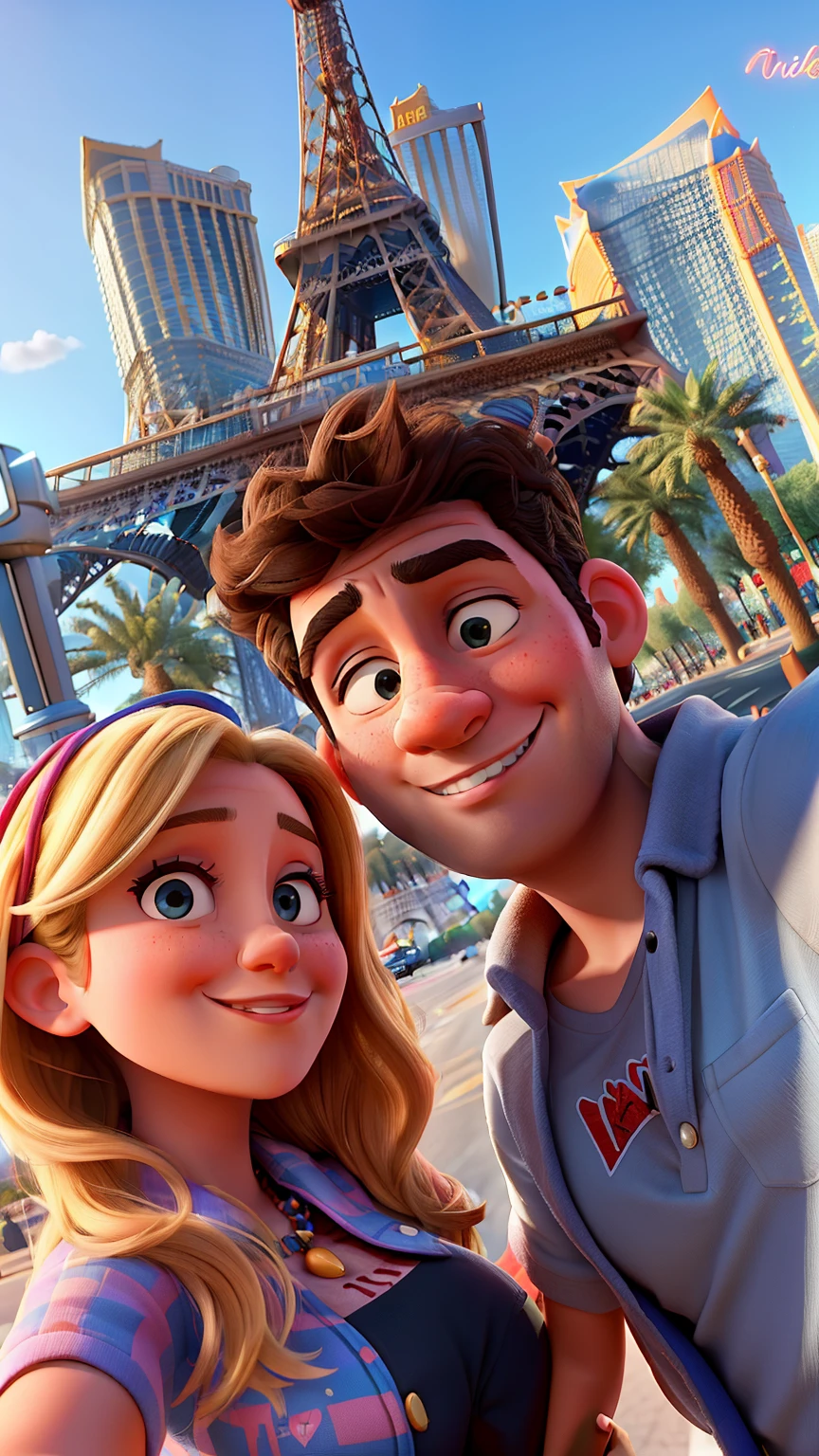 arafed man and woman taking a selfie in front of the eiffel tower, in las vegas, in a las vegas street, vacation photo, katey truhn, 8k selfie photograph, happy couple, millaise and greg rutkowski, las vegas strip, photo taken in 2 0 2 0, instagram post, las vegas, facebook post, by Lee Loughridge