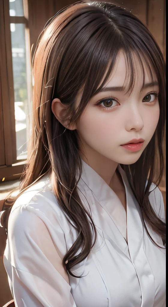 8K, masutepiece, Raw photo, Best Quality, Photorealistic, extremely detailed CG unified 8k wallpaper, depth of fields, Cinematic Light, Lens Flare, Ray tracing, 1girl in, ((droolng, Flowing from the mouth)), closing eye, bblurry, Blurry_Background, brown_Eyes, brown_hair,  full_Moon, s lips, up looking_で_viewer, a moon, rays of moonlight, natta,   独奏