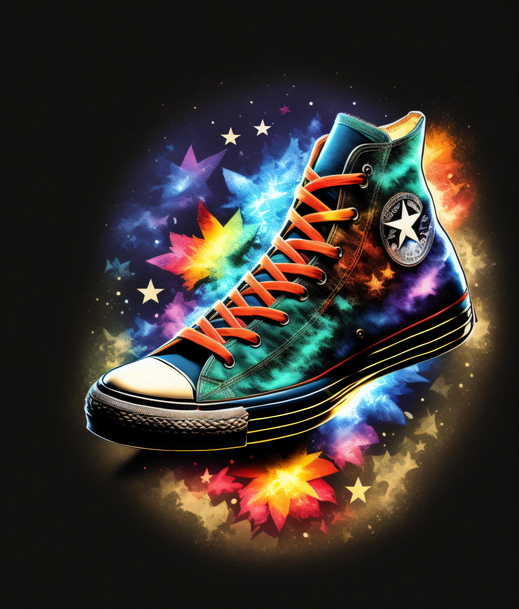 An all star sneaker, colorful, vintage style, (T-shirt design), centered, black background, realistic volumetric light of masterpiece